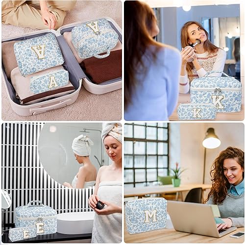 Miniatura 6 de Juego de bolsas de maquillaje con iniciales, bolsa de maquillaje acolchada personalizada, bolsa grande de cosméticos florales para mujeres, lindas