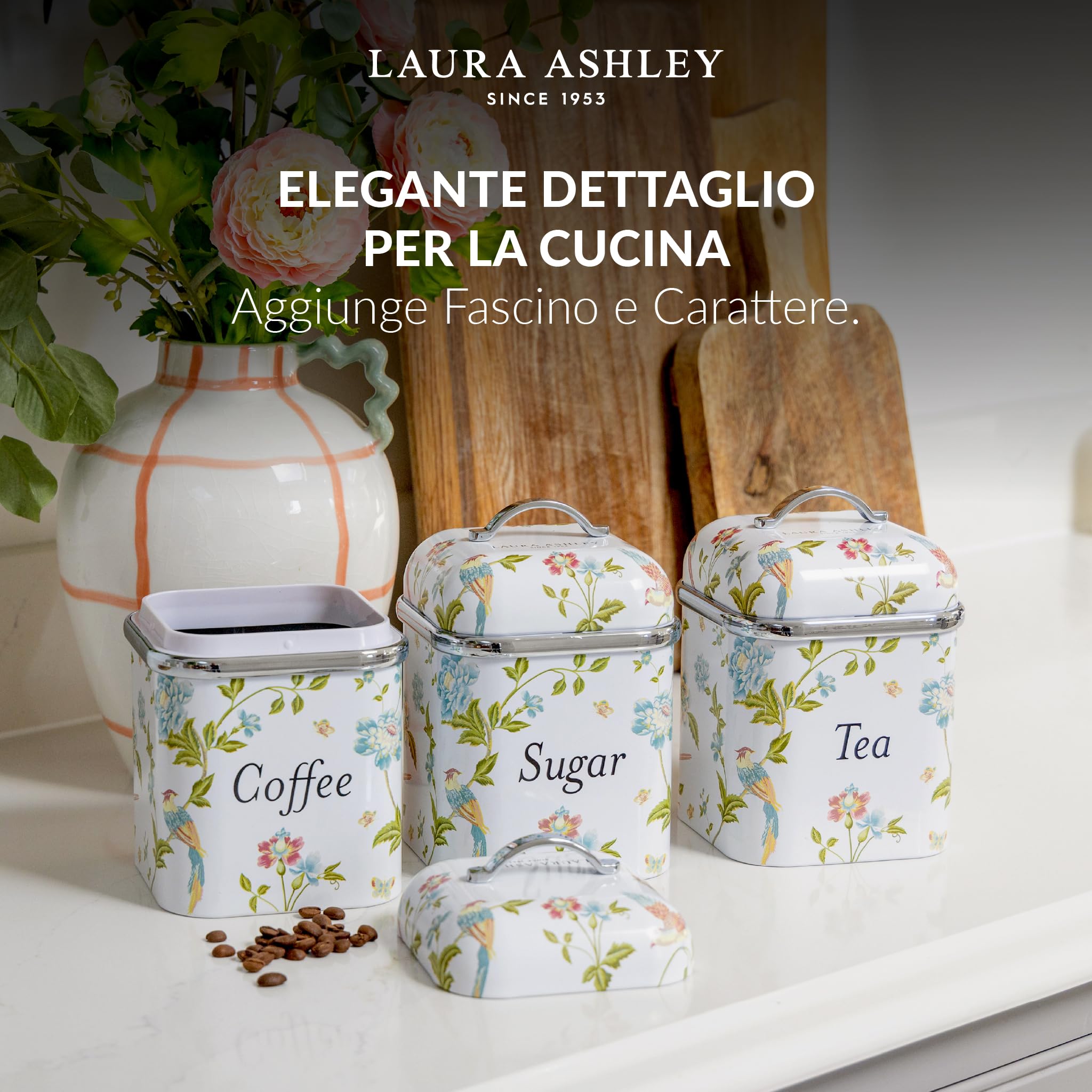 VQ Laura Ashley Elveden White Set 3 Barattoli Tè Caffè Zucchero | Eleganti Contenitori in Latta con Coperchio per Tè, Caffè e Zucchero. Design con Stampa Firmata
