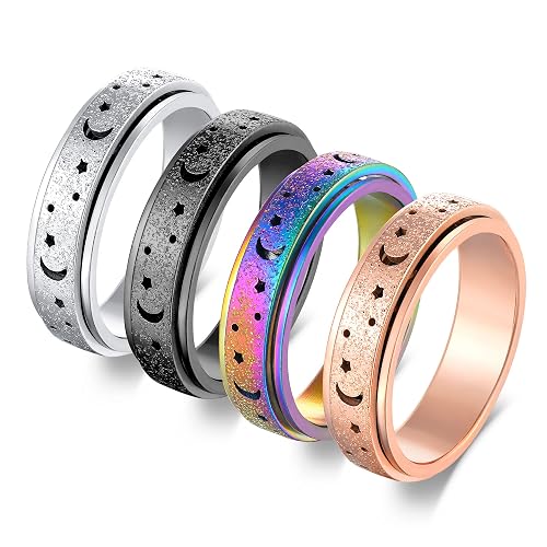 Feasnow Anxiety Fidget Relief Spinner Rings for Women 6 mm Stainless Steel Worry Stress Relieve Ring Band Set for Anxiety Women Men Size 5-11 - 11 - 6mm Moon Star Spinner Rings 4pcs