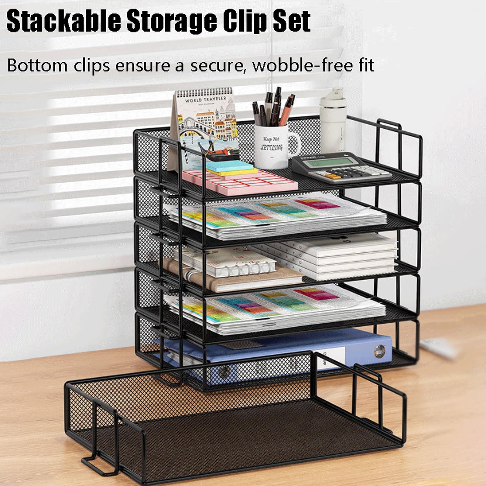 Vassoi Portadocumenti in Maglia Metallica, Organizzatore da Scrivania Impilabile per aula di studio a casa in ufficio(Black,4 tier)