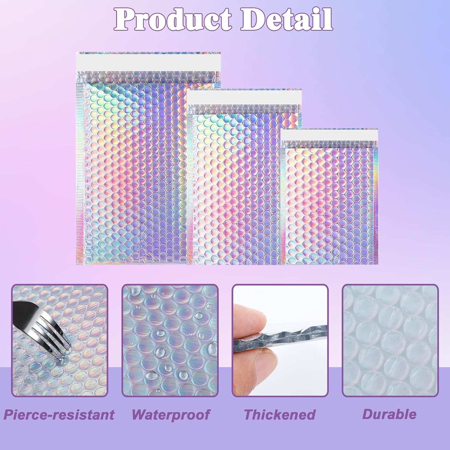 50 Pcs Metallic Bubble Mailers, 3 Sizes Holographic Bubble Mailers, Poly Padded Envelopes, Waterproof Self Seal Adhesive Shipping Bags, Cushion Envelopes for Packing, Mailing, Small Business