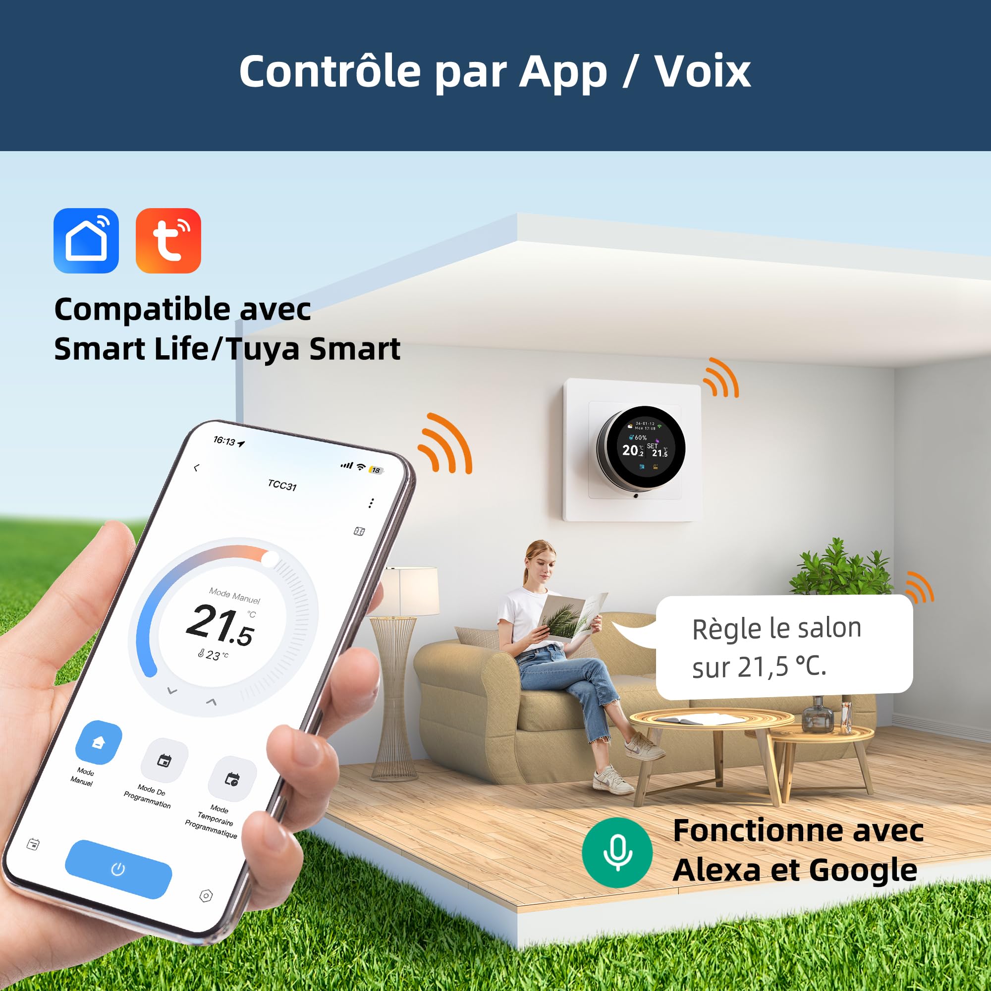 Beok Thermostat Connecté Intelligent WiFi, avec Sonde Extérieure, Régulateur Température Rotatif, Écran Couleur, Programmable 16A pour Chauffage Sol Électrique, Compatible Alexa/Google Home