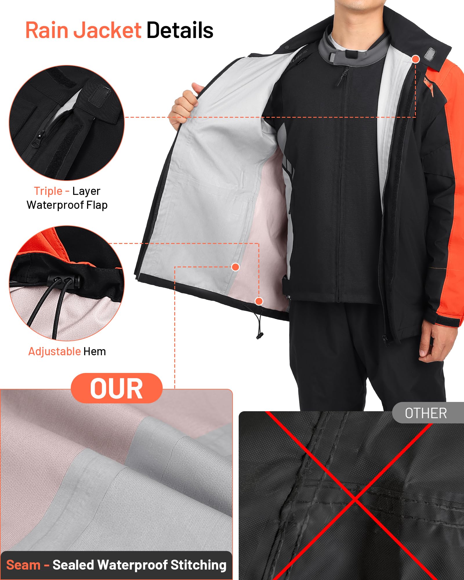 Oumurs Motorcycle Rain Suit - Waterproof Jacket & Pants for Men & Women, Lightweight Nylon, Reflective, Multi-purpose for Riding, Fishing, Golf, Hunting, Camping