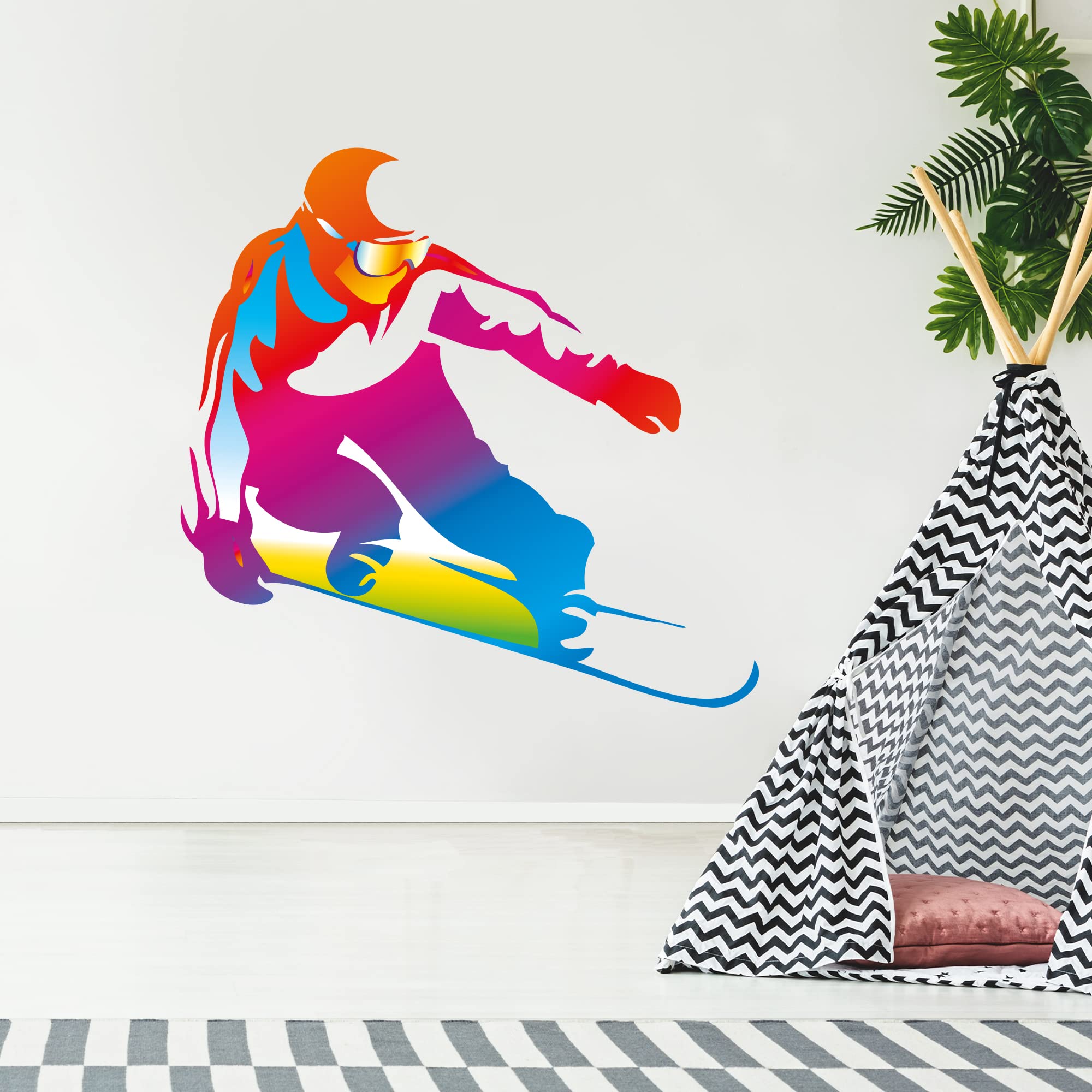 Themed Multicolor Snowboarding Wall Sticker - Multicolour Snowboarder Wall Decal Art (120Cm Width X 90Cm Height)