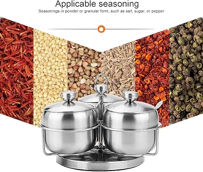 Stainless Steel Sugar Bowl, 10Pack Seasoning Jar Spice Container, Rotating Condiment Spice Salt Sugar Jar Spice Rack Set with Lid Spoon