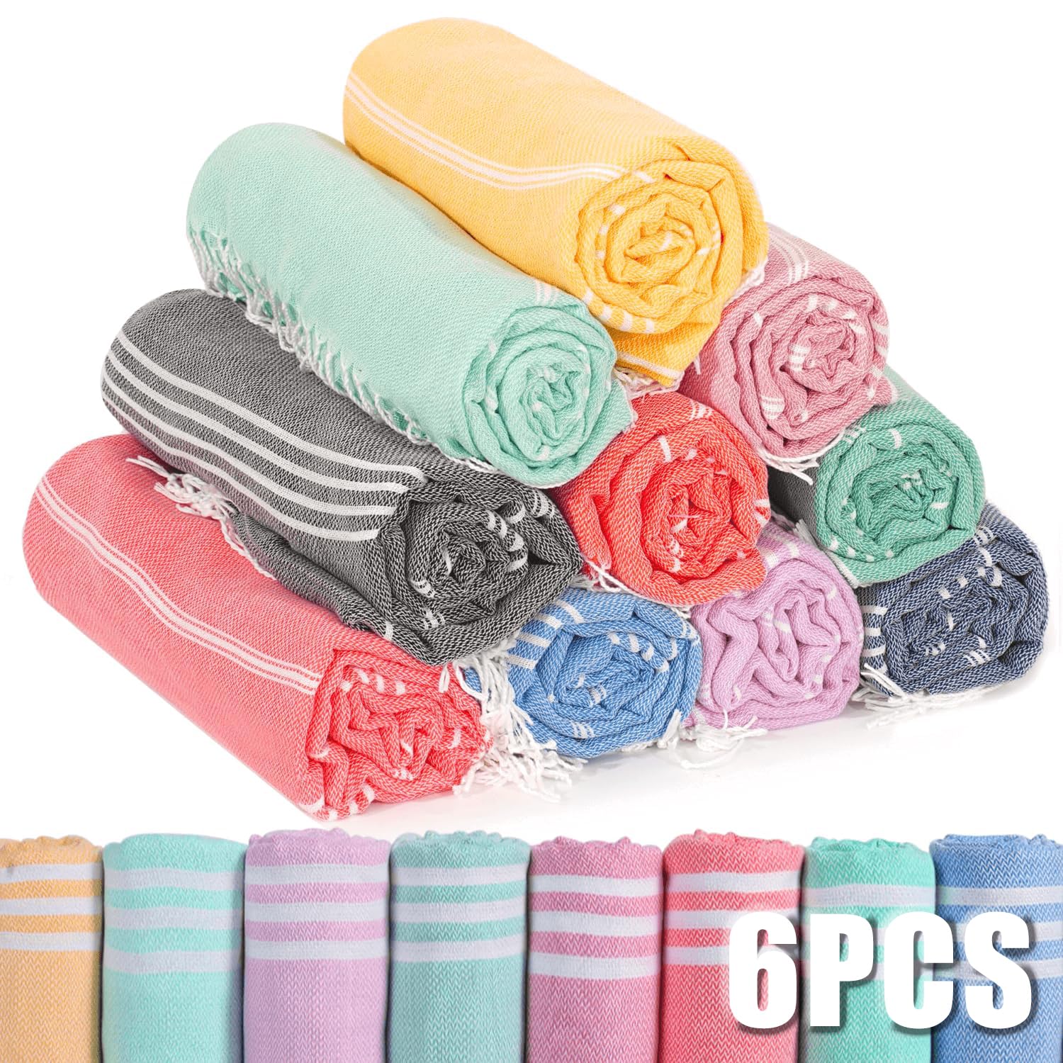 6 Packs Turkish Beach Towels Set Adult Pool Swim Towel Bulk Yoga Blanket Oversized Sand Free Quick Dry Lightweight Large Sandproof Fast Drying Travel Towels Camping Blanket Vacation Must Haves
