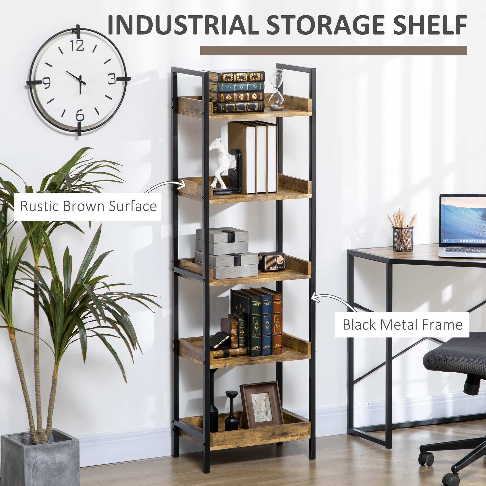 HOMCOM Librería de Estilo Industrial con 5 estantes, estantería de Madera y Metal para el hogar y la Oficina, 48x30x155cm, marrón rústico | Mueble librería de madera y metal para casa u oficina