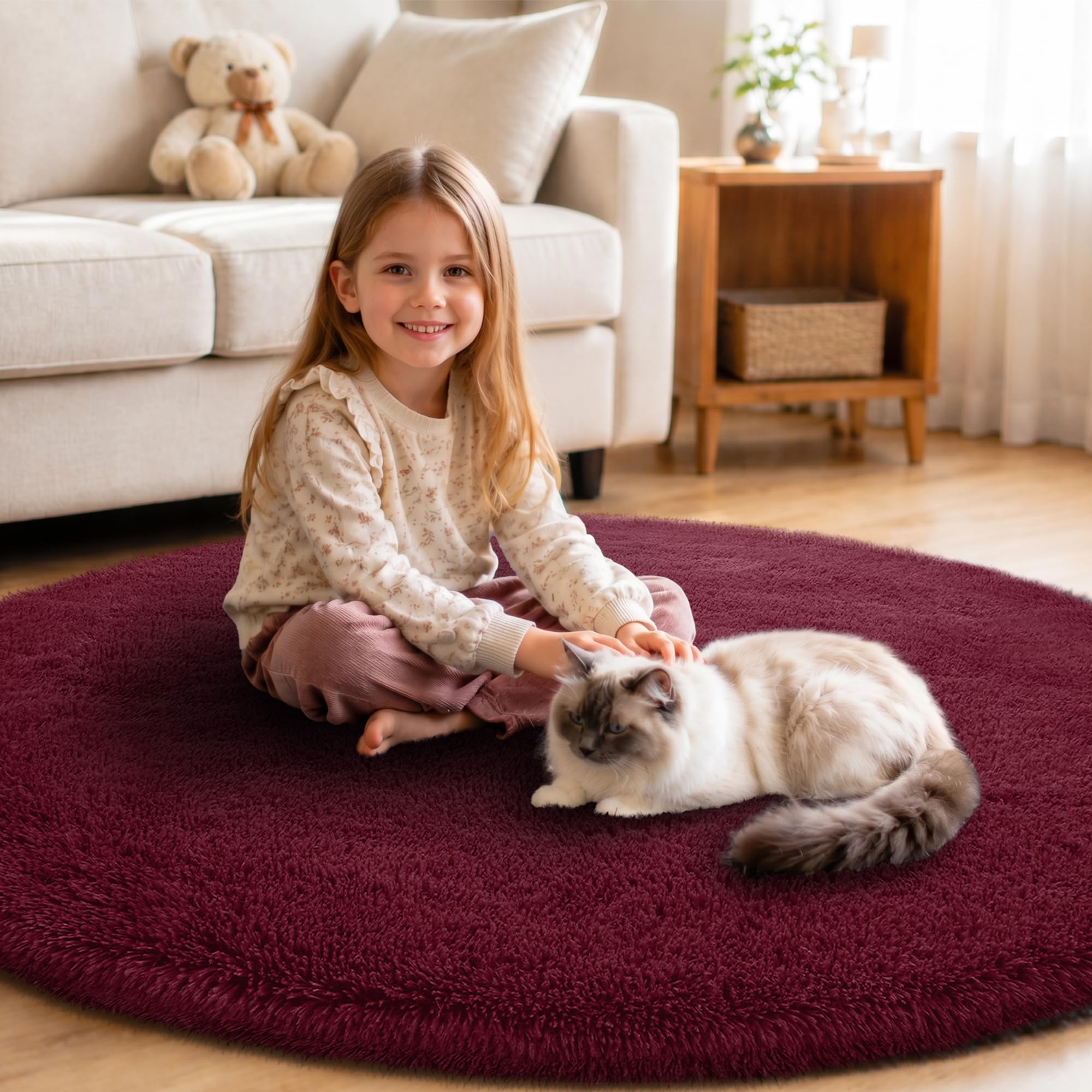 FVVRAX 120 cm Round Living Room Rugs, Burgundy Red Area Rug for Bedroom, Super Soft Fluffy Shaggy Circular Carpet for Lounge, Bedside, Nursery, Low Shedding โ image 1