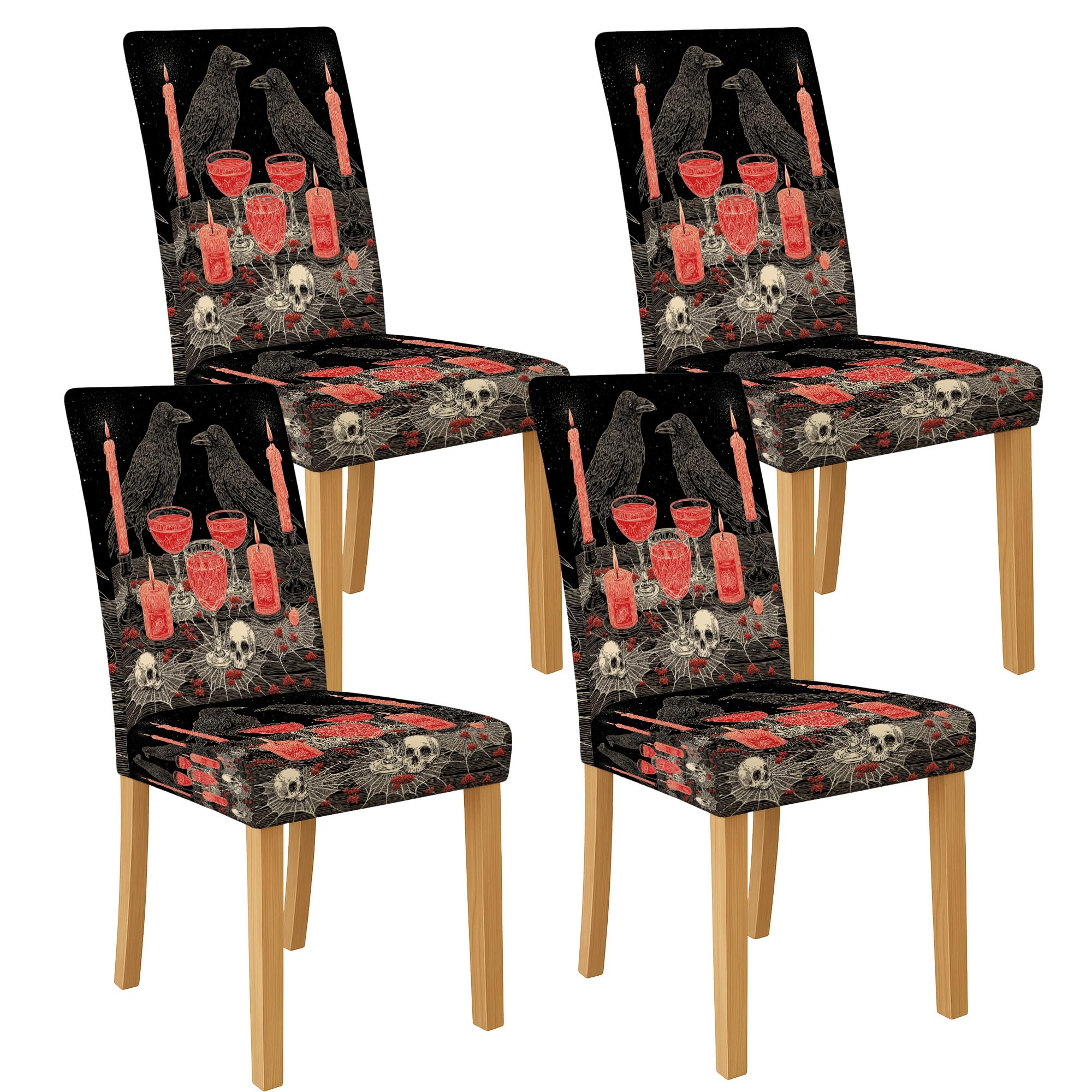 Creepy Gothic Chair Covers for Dining Chairs, Stretch & Washable Spandex Seat Protectors, Decorative Slipcovers for Halloween Dining Room 4PCS