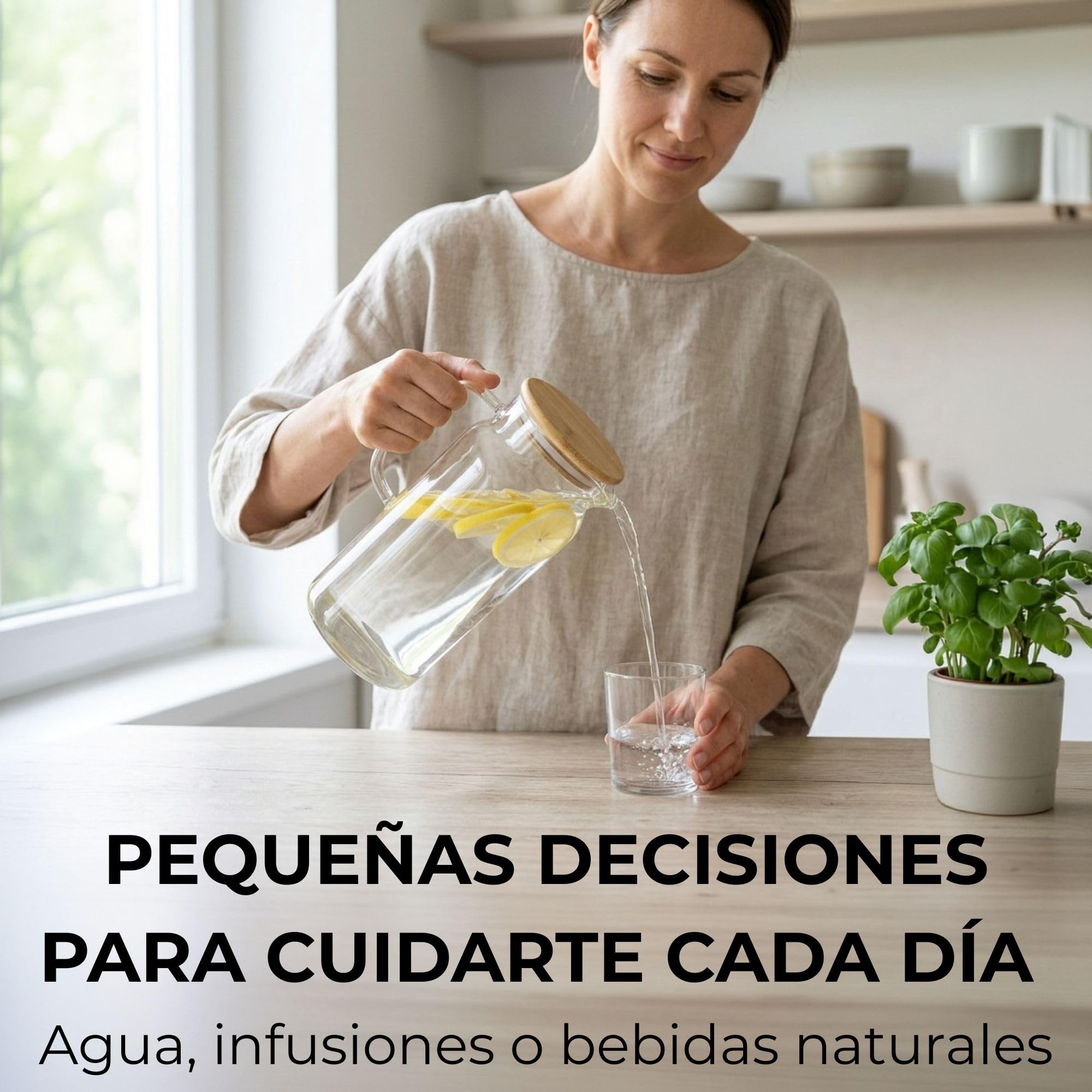 Jarra de Agua Cristal 1,2L con Tapa Bambú Natural. Jarra de Agua en Vidrio Borosilicato Resistente al Calor, Botella Cristal Reutilizable, Vida Saludable. (1,2 Litros, Tapa de Bambu) - 3