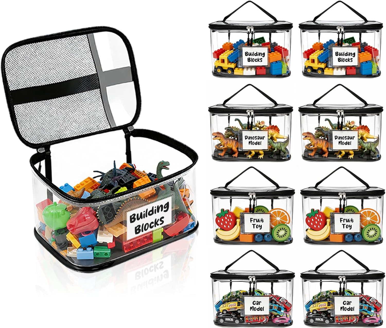8 Packs Extra Large Toy Storage Bags with Labels 13.78" x 10.24" x 7.09", Name Tag and Manual Mesh Pocket,TPU Waterproof Foldable Storage Organizer Bags with for Blocks, Puzzle, Kids Books,Pen Storage