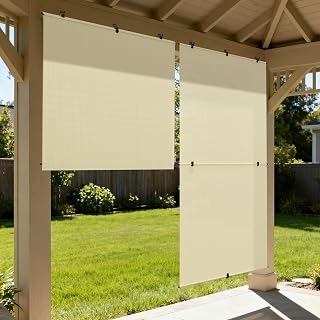 Roller Shades 8'Wx 6'H Outdoor Foldable Roll Up Blinds Cordless Roller Blinds Shade Cloth with UV Privacy Protection for Porch Patio Pergola Backyard Balcony, Beige
