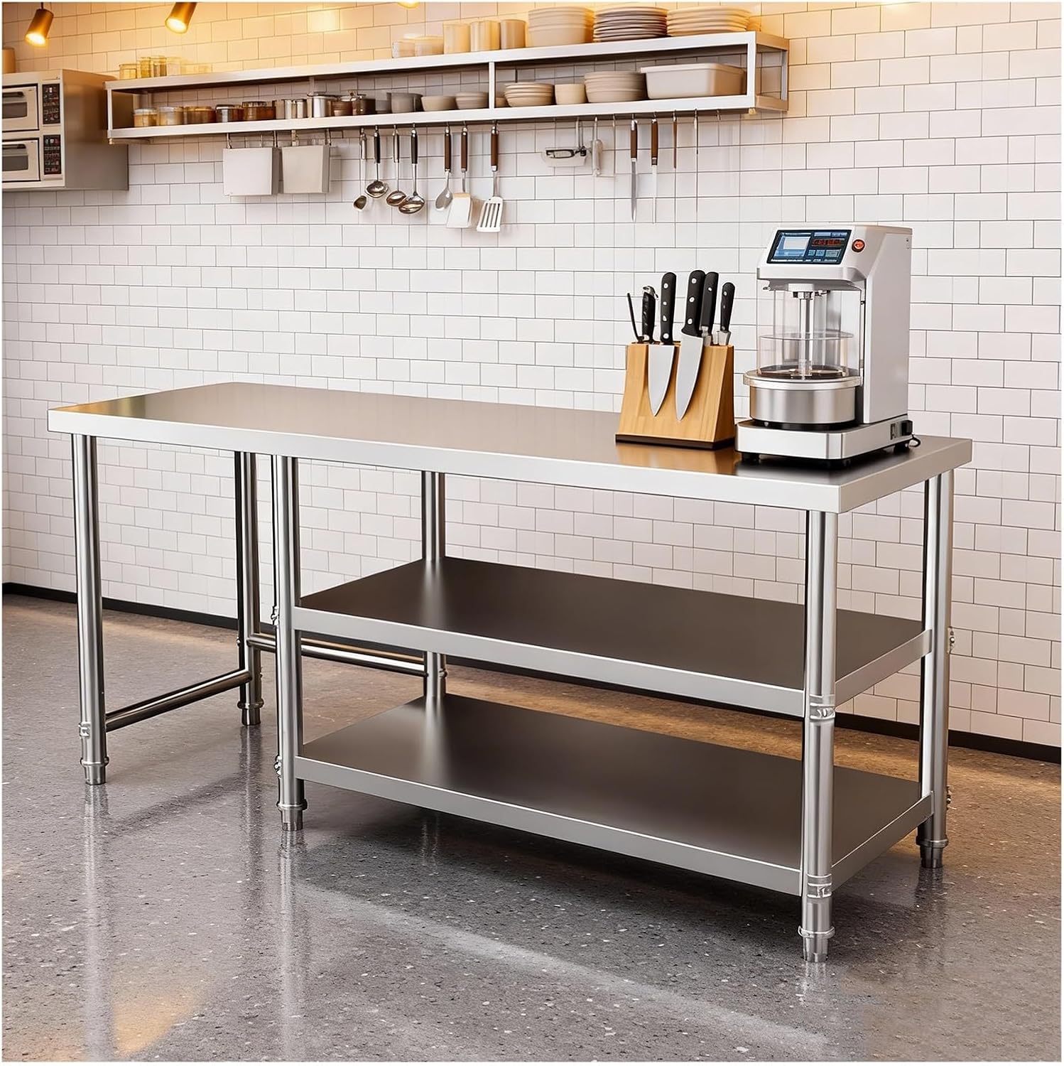 Three-Tier Stainless Steel Workbench with Metal Prep Table countertop Worktable Easy Assembly Kitchen Cutting Board with Open Shelving and Adjustable Non-Slip Feet(L90xW40xH80cm/35.4x15.7x31.5”)