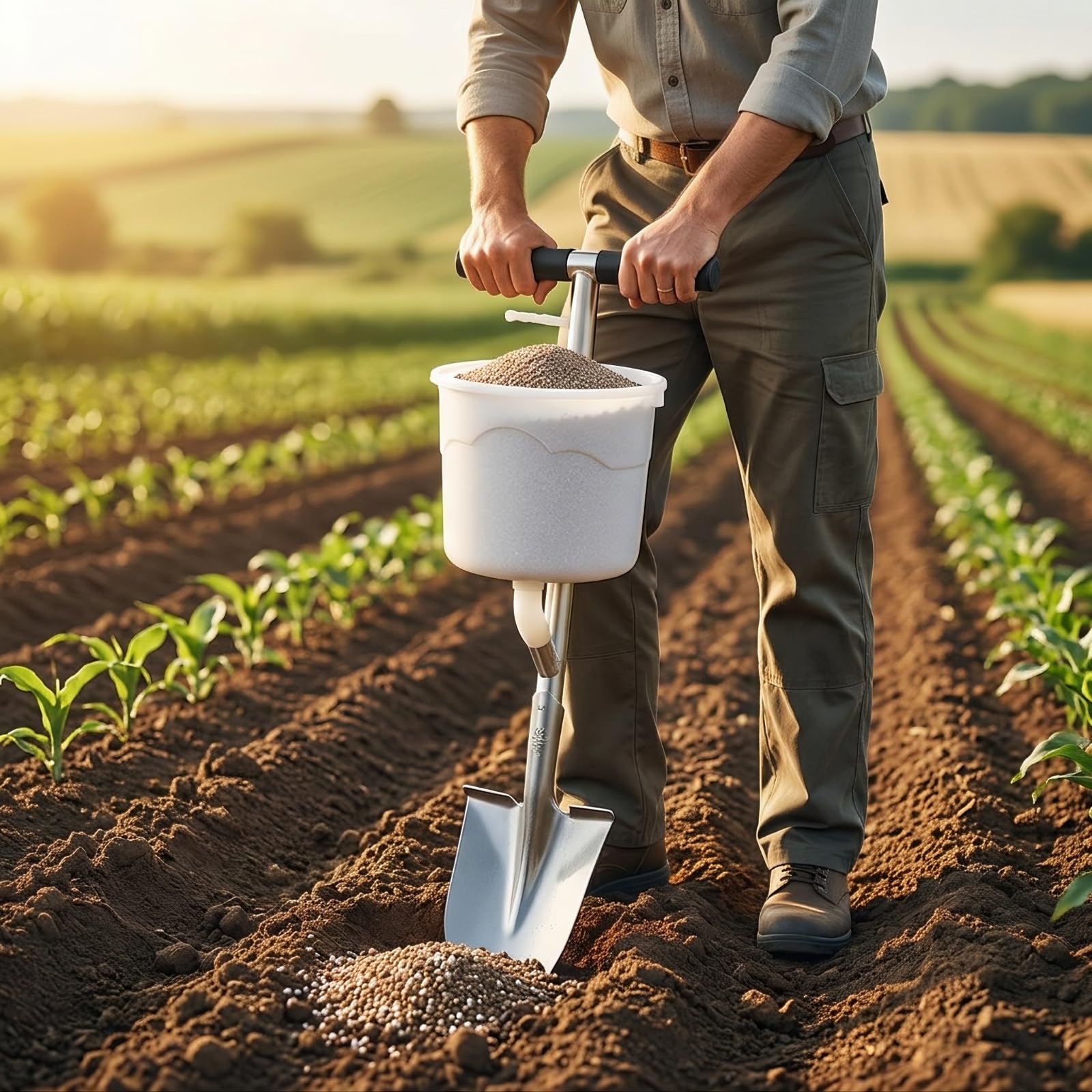 Applicatore di Fertilizzante Manuale Attrezzo per Apporto di Nutrienti Nel Terreno con Puntale Penetrante Asta Serbatoio in PP Presa Orizzontale, Modello Con Secchiello Bianco E Punta Arrotondata