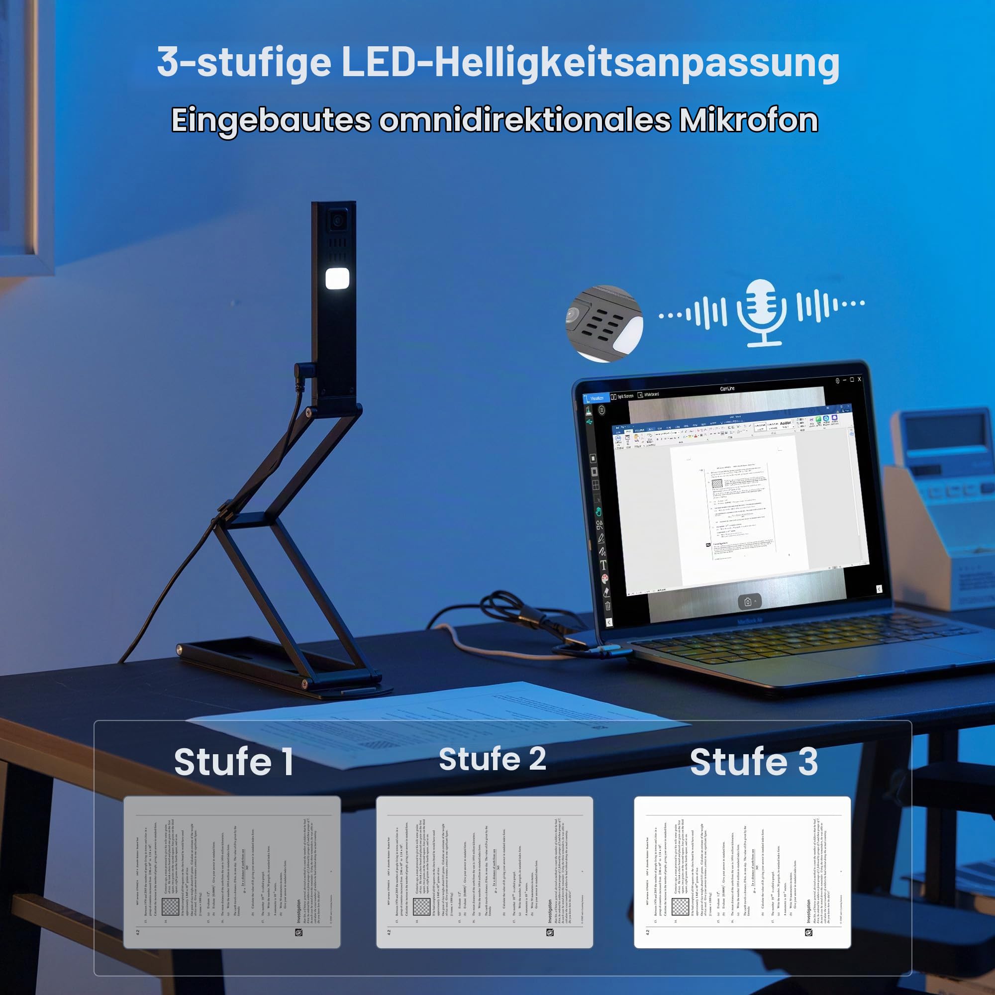 16MP USB Dokumentenkamera Visualizer: A3 Format 3-Stufen-LED OCR Autofokus Faltbar 4K Dokumenten Webcam mit Zoom Google Meet Skype Tragbar für Schule Lehrer Büro Fernunterricht