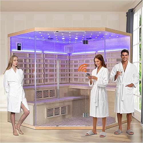 Smartmak 5-6 Person Hybrid Corner Home Wood Sauna, WiFi Indoor Full Spectrum & Traditional Canadian Hemlock Steam Saunas Spa with Red Light Therapy, 11 Heating Elements & Electric Stove (0-195℉)