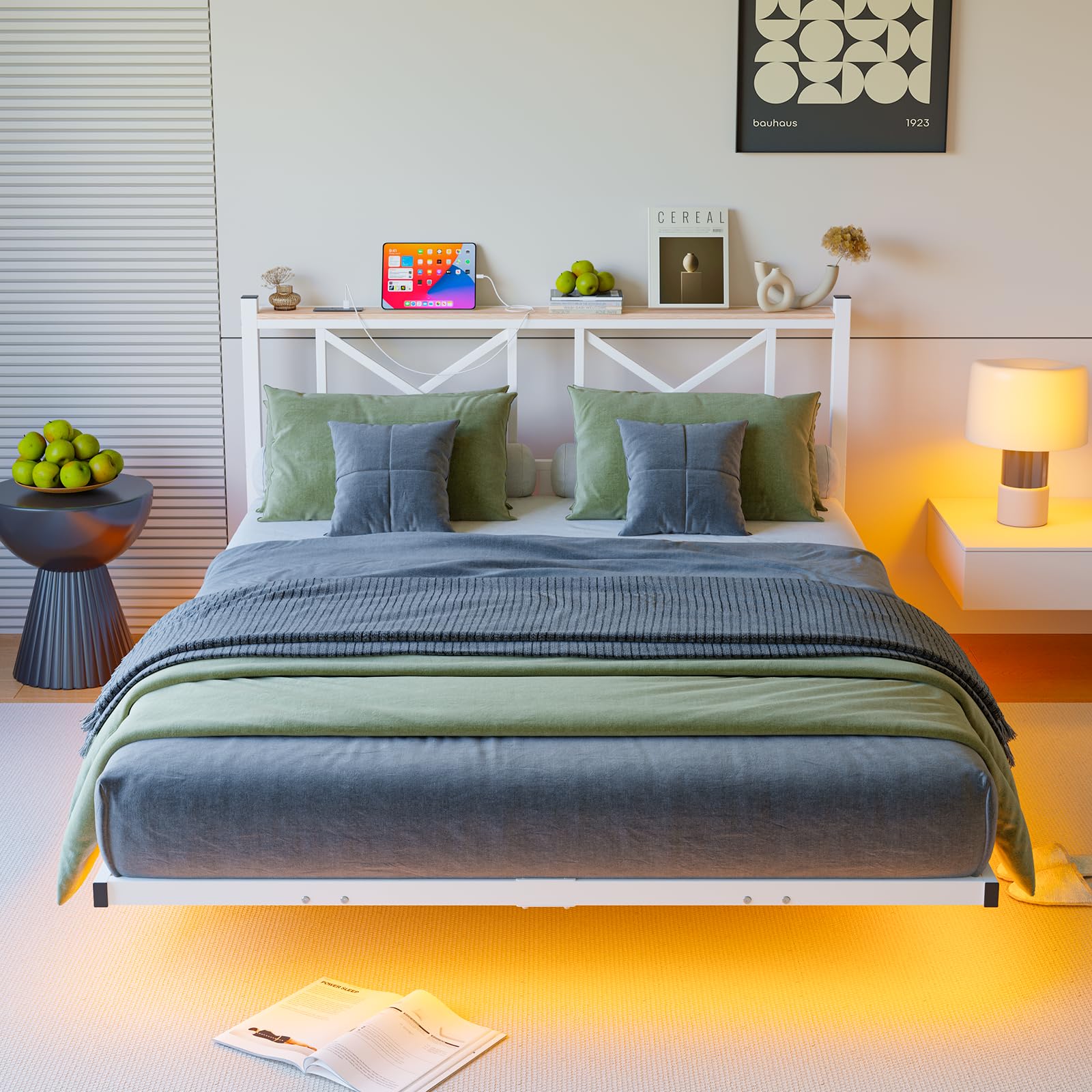 ARFARLY King Size Floating Bed Frame with LED Lights&Charging Station,5ft Bed Frame King Size with Wooden Storage Headboard Heavy Duty Metal Slats,No Box Spring Needed,Noise Free,Easy Assembly White