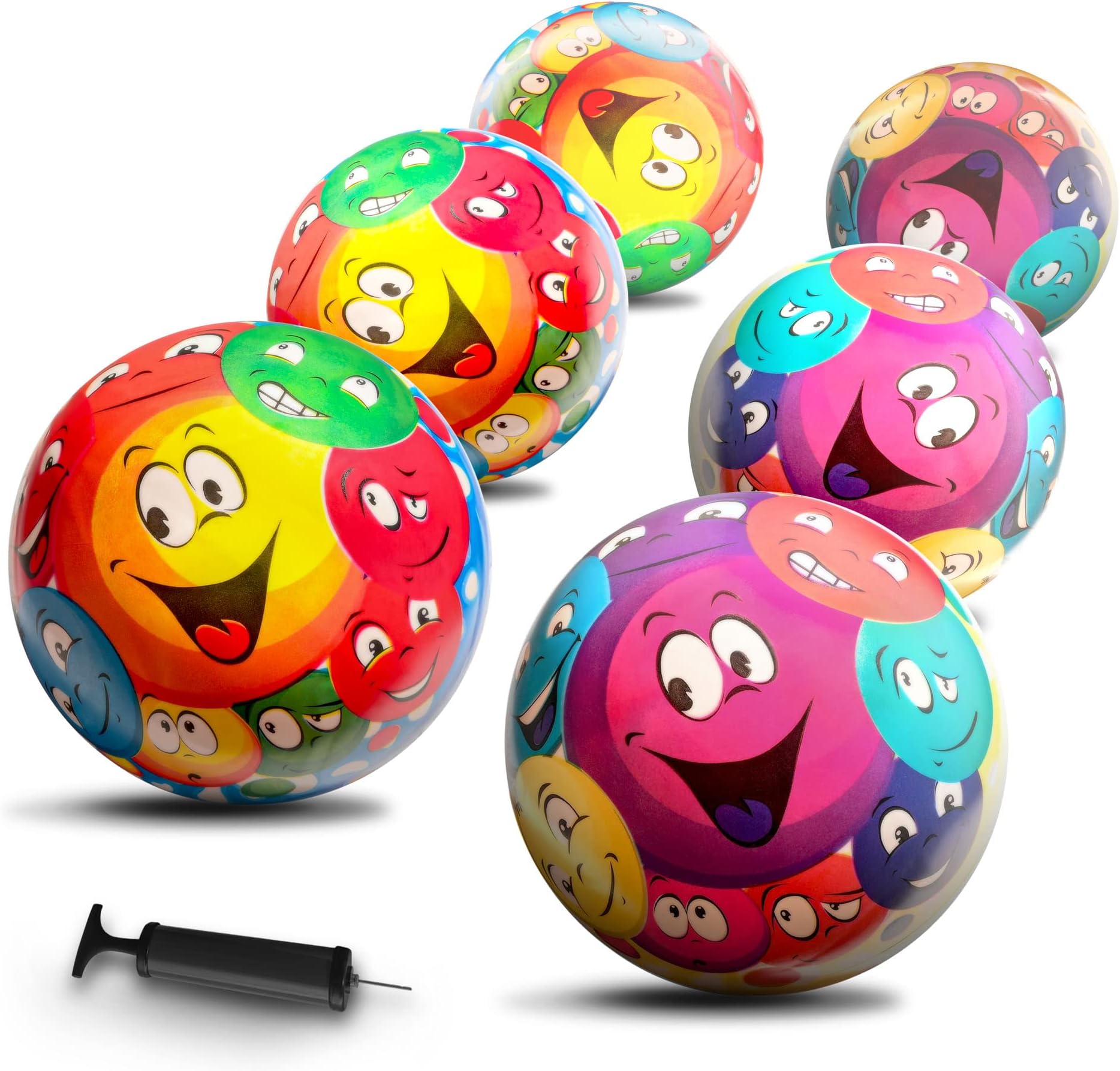 New BounceBouncy Balls for Kids - Playground Smiley Ball - Set of 6 Balls with Pump - 8.5" Ball for Children, Toddlers and Pets
