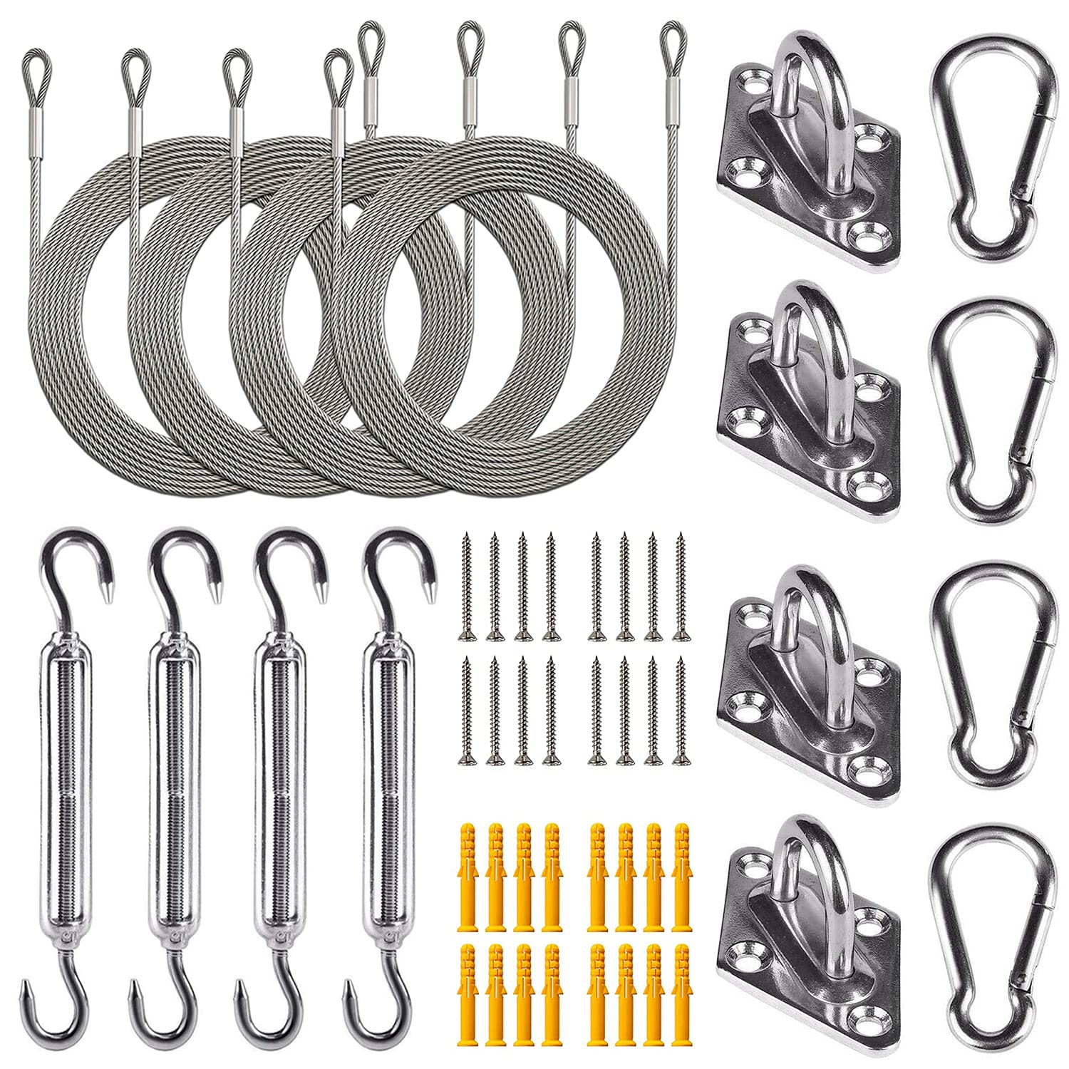 O&O IE 48 Pcs Shade Sail Hardware Kit, 304 Heavy Duty Anti-Rust Stainless Steel Mounting Accessory, 4 extension cables with a length of 150 cm, 4 adjustable spring hooks, for Patio Lawn and Garden