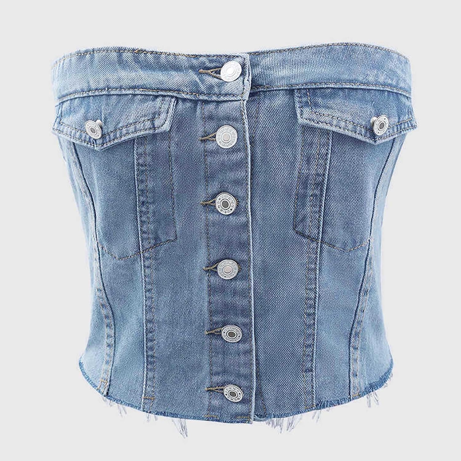 Womens Denim Corset Top Button Front Bustier Top Y2K Bandeau Denim Vest Sexy Strapless Sleeveless Jean Crop Tube Top