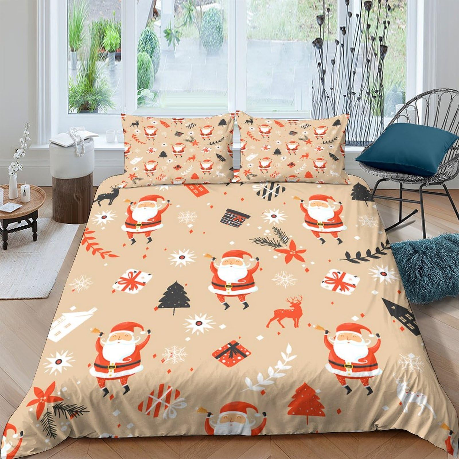Ctjqhvkz Style-4 3D Printed Christmas Santa Fitted Sheet Microfiber Soft Beige Reindeer Bed Cover For Bedroom Dorm Mattress Decoration Single（135X200cm）
