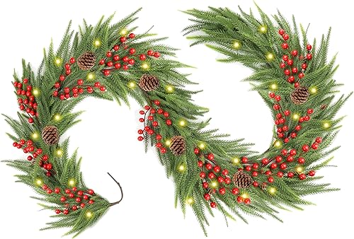 Miniatura 8 de Guirnalda de pino Norfolk de Navidad con bayas rojas y piña, funciona con pilas, guirnalda de invierno de imitación de tacto real con luces para
