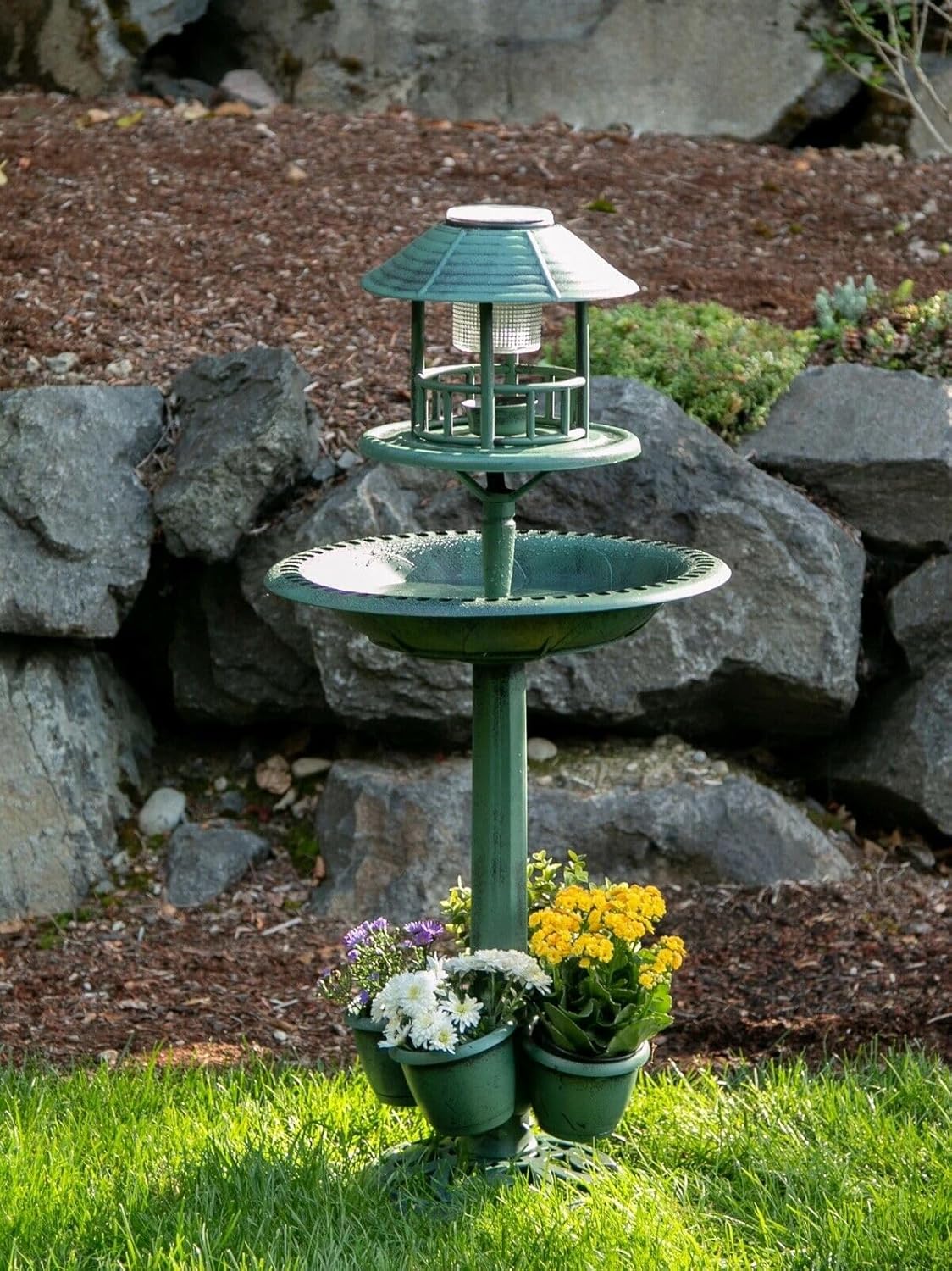 NYW Solar Lamp Bird Bath Pedestal LED Light Flower Planter Plastic Garden Decor