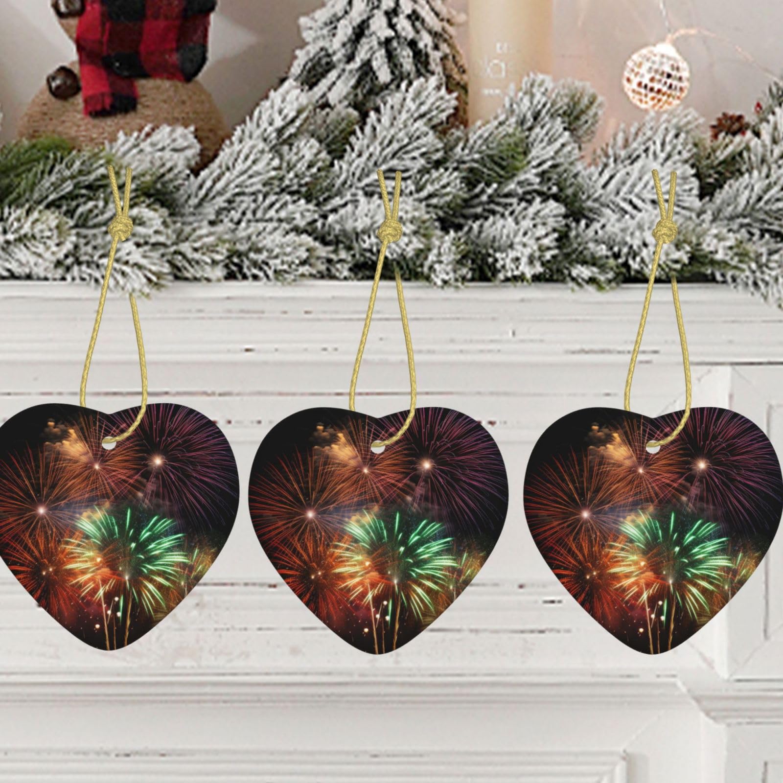 Christmas Ornaments Christmas Tree Ceramic Hanging with Gold Ribbon Splendid fireworks heart Ornament Ceramic Hanging for Indoor Outdoor Decor New Home Ornament 2023 for Holiday
