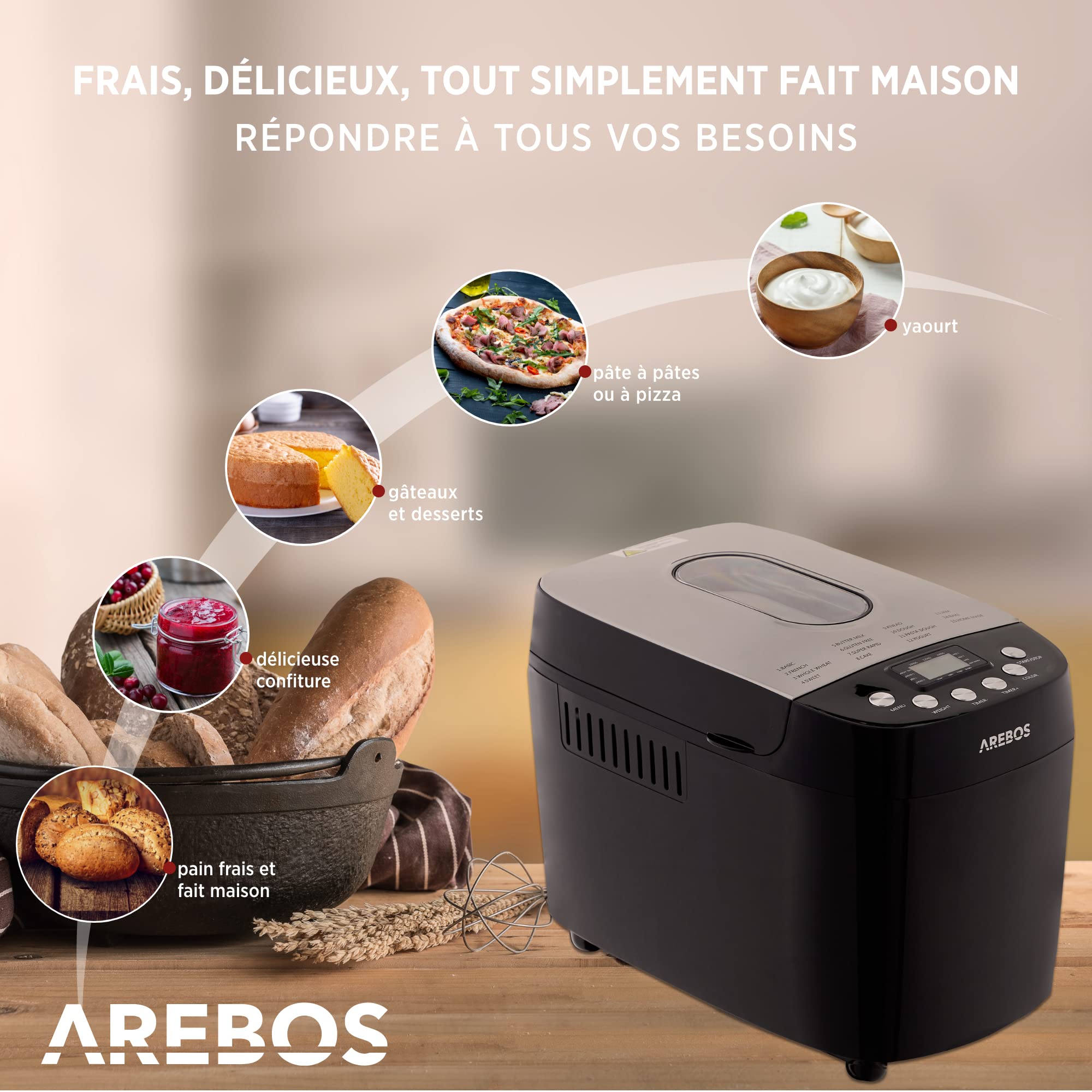Arebos Machine à pain 1500 g 850 W Noir 15 programmes 2 crochets de pétrissage