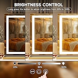 Hasipu Vanity Mirror with Lights, 32 x 20 LED Makeup Mirror, Lighted Makeup Mirror with Dimmable 3 Modes, Touch Screen Control Vanity Mirror Square Gold