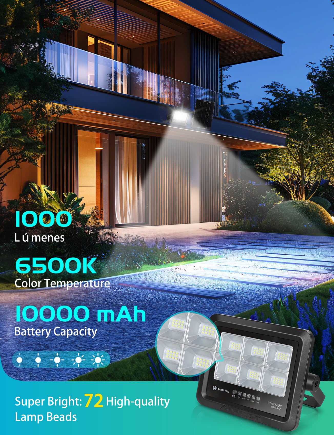 Aigostar Faretto LED Esterno con Pannello Solare 100W, Luce Bianca 6500k. Faretto con Pannello Solare con Telecomando. Grado di Protezione IP65, Faro LED Solare Regola la Luminosità è Funzione Timer