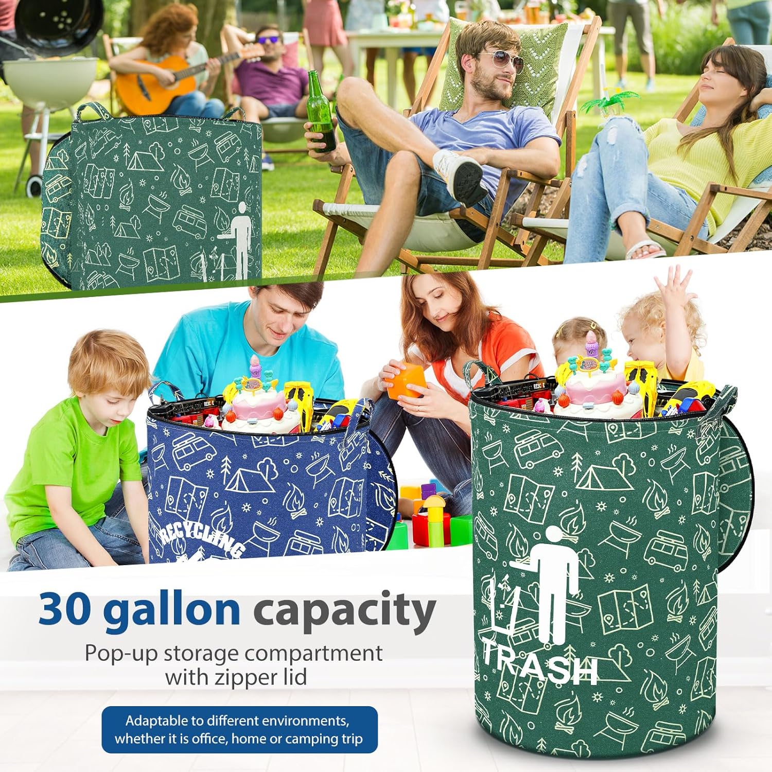 2 Pack Collapsible Trash Can Camping with Zippered Lid Foldable Storage Bin Portable Garbage Can for Outdoor Camping RV's Yard Waste (Trash and Recycling Style)