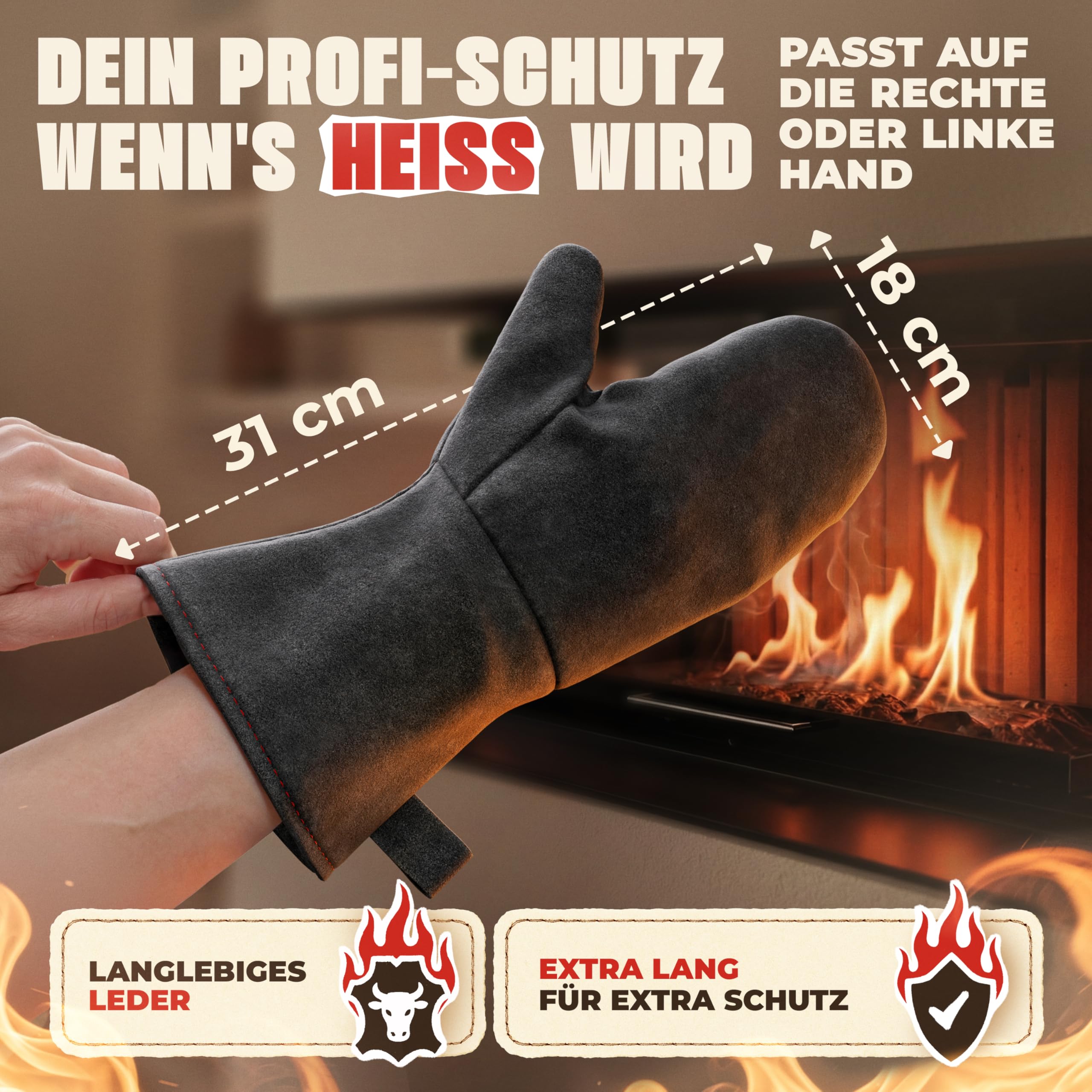 achilles Kaminhandschuh, Entspricht Norm EN407, Mit Thermoisolierung, Ofenhandschuh aus Leder, Schutzhandschuh feuerfest, Grillhandschuh, hitzebeständiger Leder Handschuh, schwarz Garten