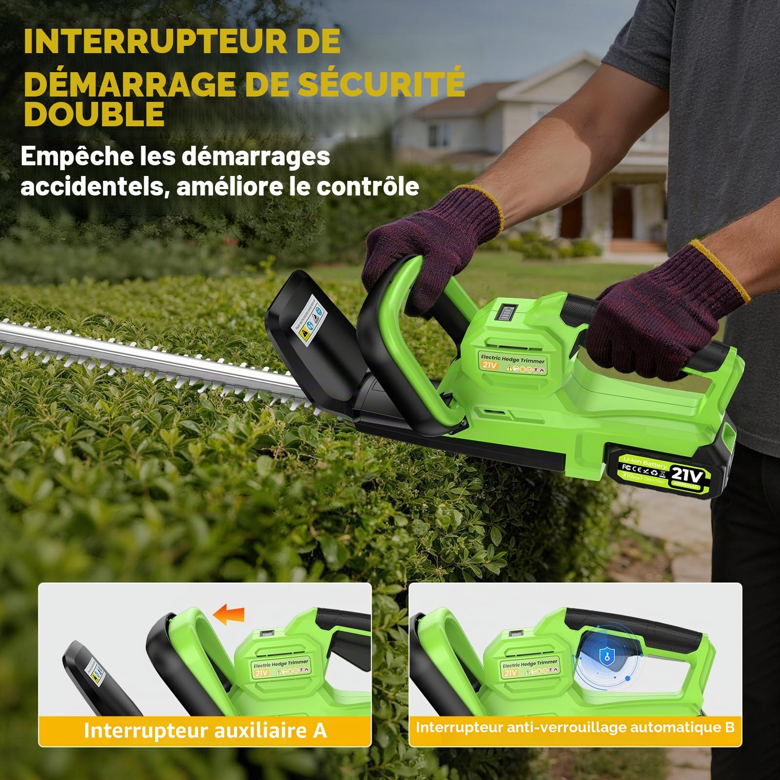 Taille Haie Batterie 21 V, 1200W Moteur, 2 x 4000 mAh Batteries, Lame 50 cm, Écartement de 16 Mm, Double Action, Taille Haies sans Fil avec Lame en Acier 70MN4&Protège pour Le Jardin et Les Arbustes