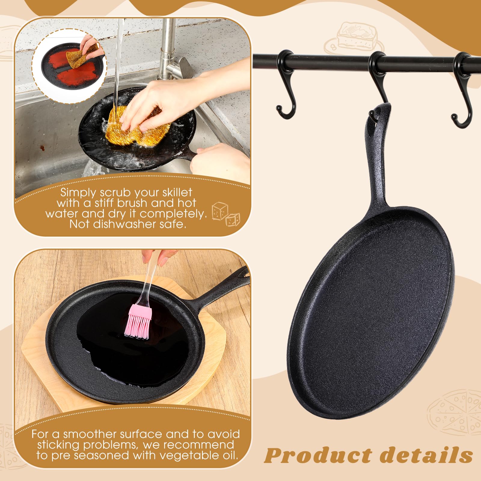 6er Set Gusseisen Fajita-Pfannen Mit Holzbrettern – Ca. 25 Cm, Schwarz, Inkl. Abnehmbare Griffe, Für Restaurant & Haushalt