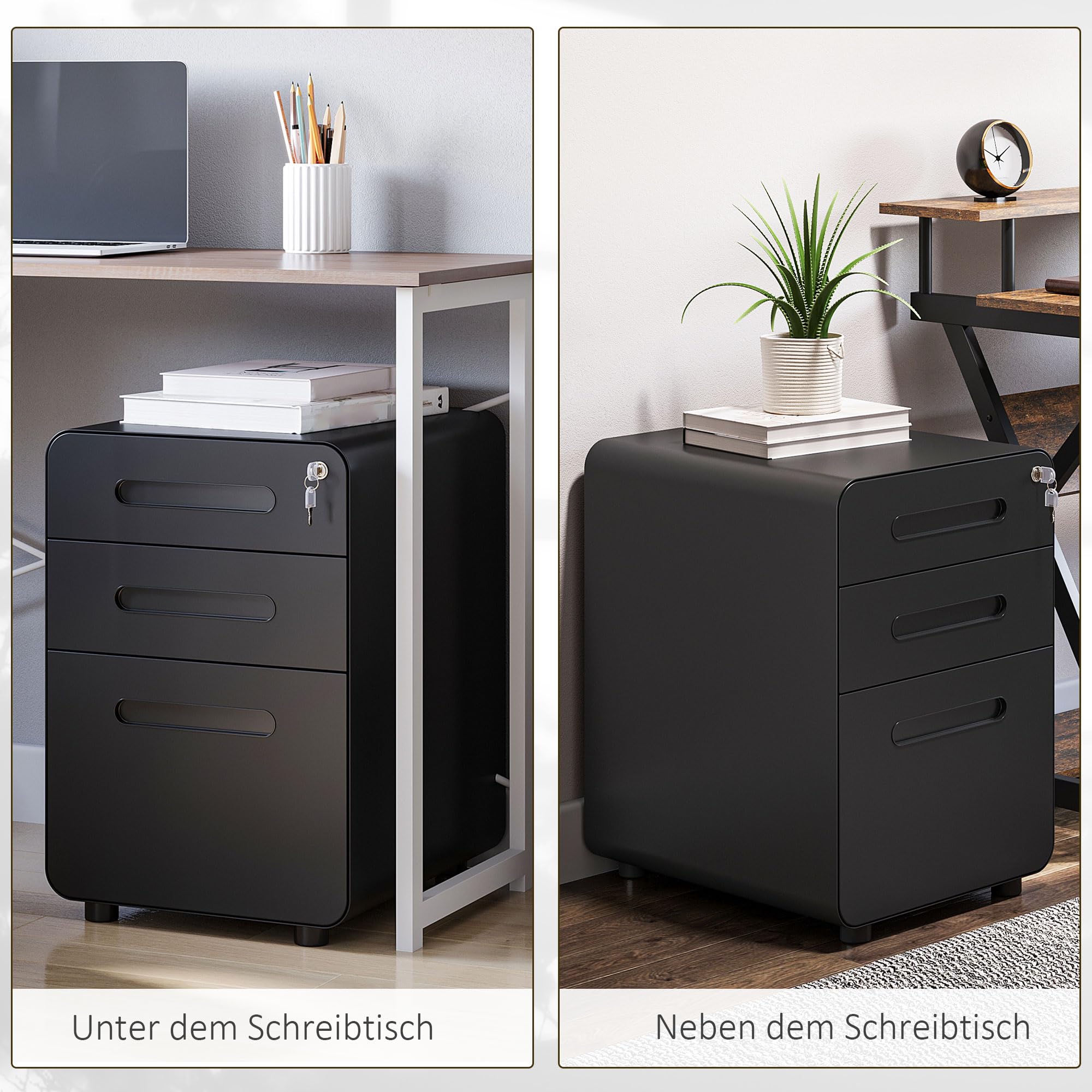 Vinsetto Rollcontainer mit 3 Schubladen Abschließbar 39x48x59cm Schwarz | Mobiler Aktenschrank mit Rollen, Büroschrank mit Hängeregistratur, Stiftfach, Bürocontainer Schreibtisch Unterschrank