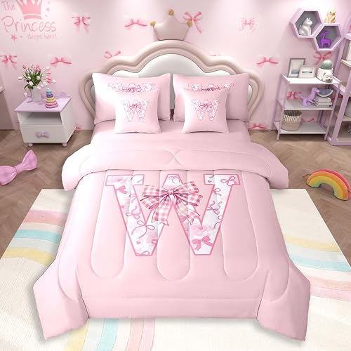 Feelyou Pink Bow Comforter Set Twin Size 7 Pieces for Kids