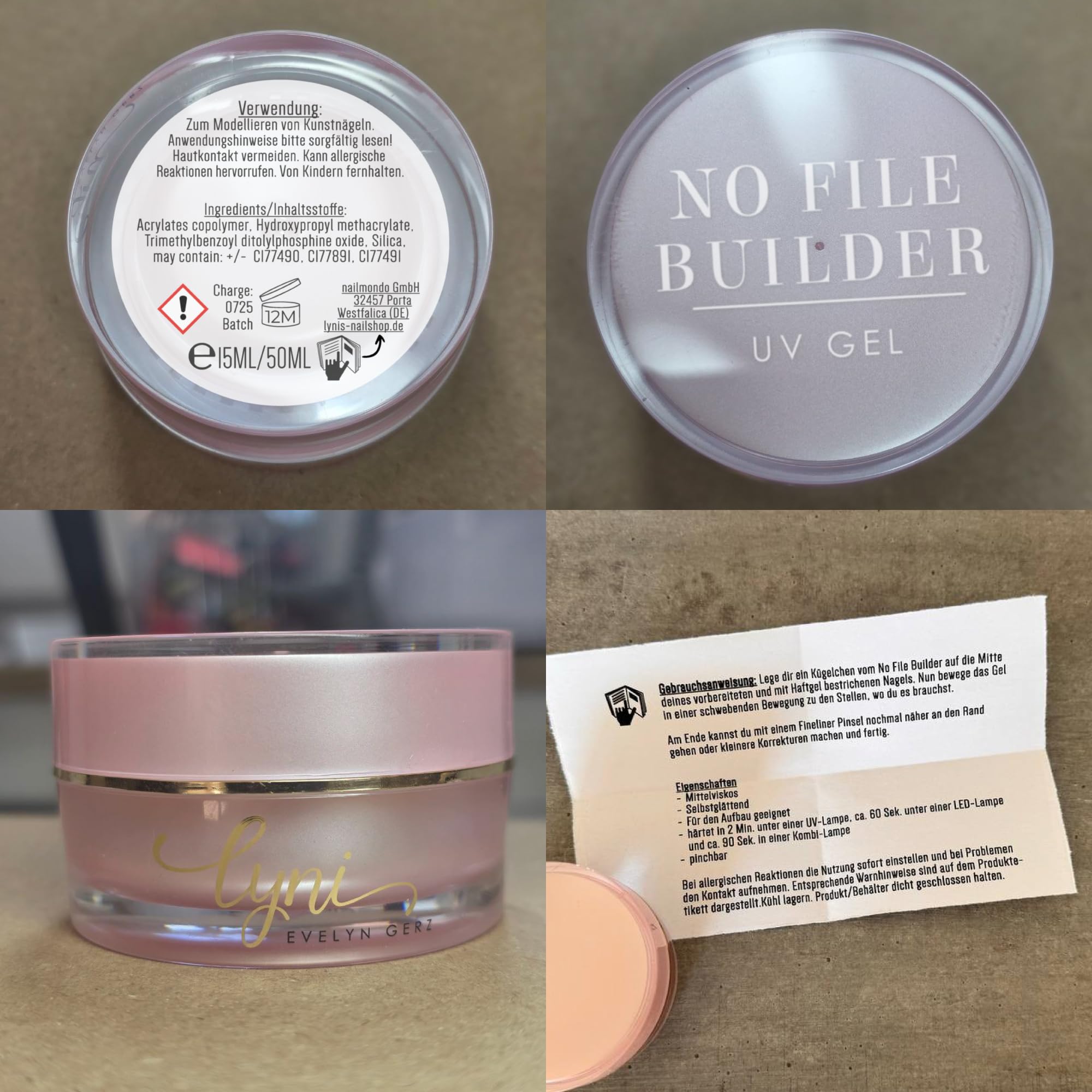 No File Aufbaugel Set für Gelnägel ALMOND, BLOSSOM, BEIGE & MILKY WHITE 15ml für Profis & Anfänger als UV Gel SELBSTGLÄTTEND OHNE FEILEN, UV & LED geeignet, pinchbar, mittelviskos, Lynis-Nailshop.de