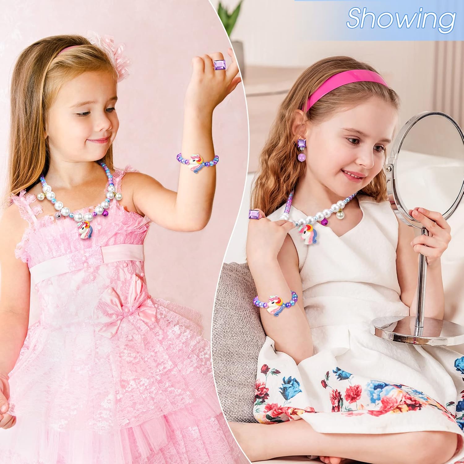 Princess Necklace Bracelet with Colorful Unicorn Pendant Beaded Bracelet Earrings Ring Set and 5 Pieces Purple Organza Bags Unicorn Party Favors Dress up Jewelry for Pretend Play Accessories Costume : Toys & Games