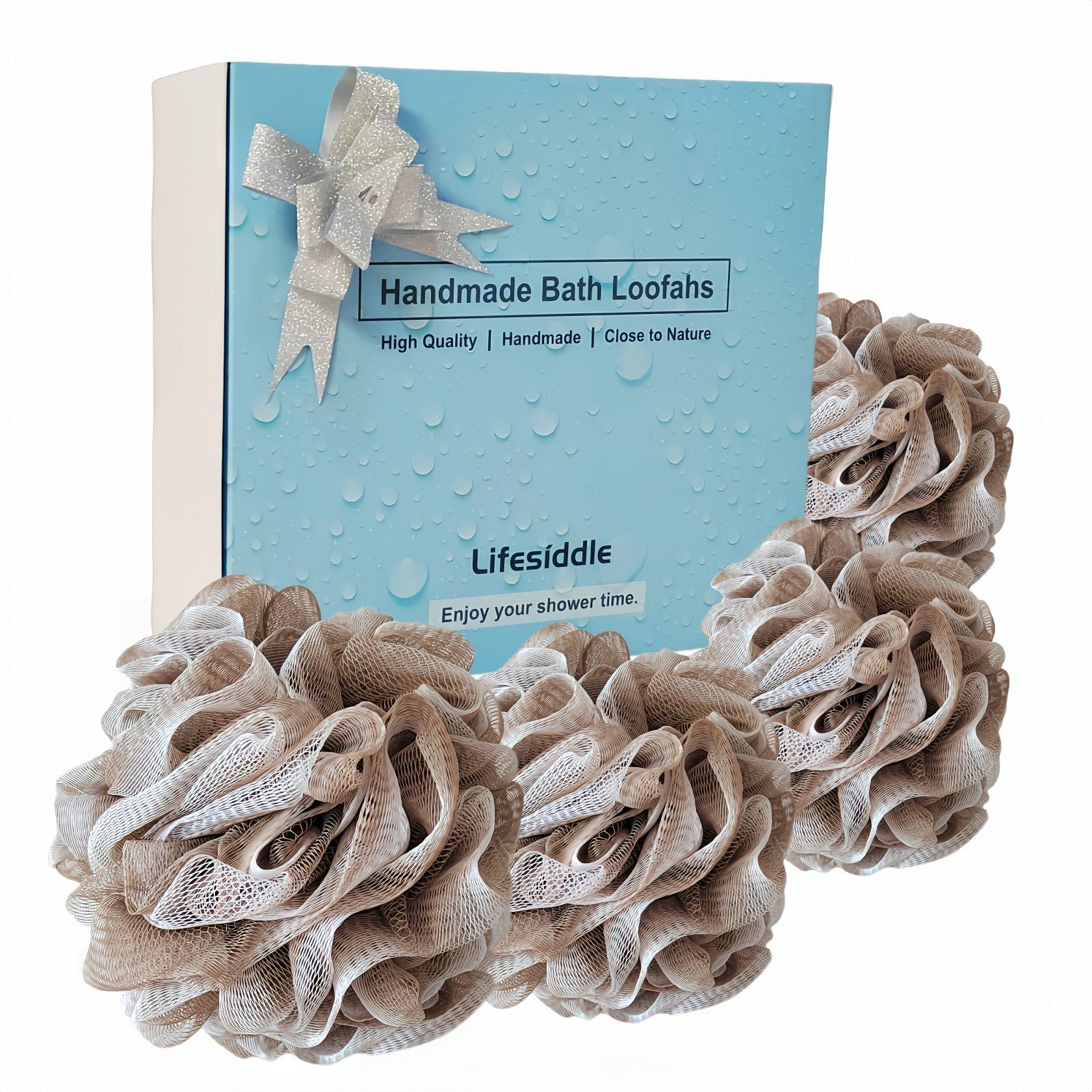 Juego de esponjas de baño de lufa, tamaño grande, paquete de 4, exfoliantes corporales de malla suave negra para hombres y mujeres: herramientas de exfoliación calmante para la piel (marrón
