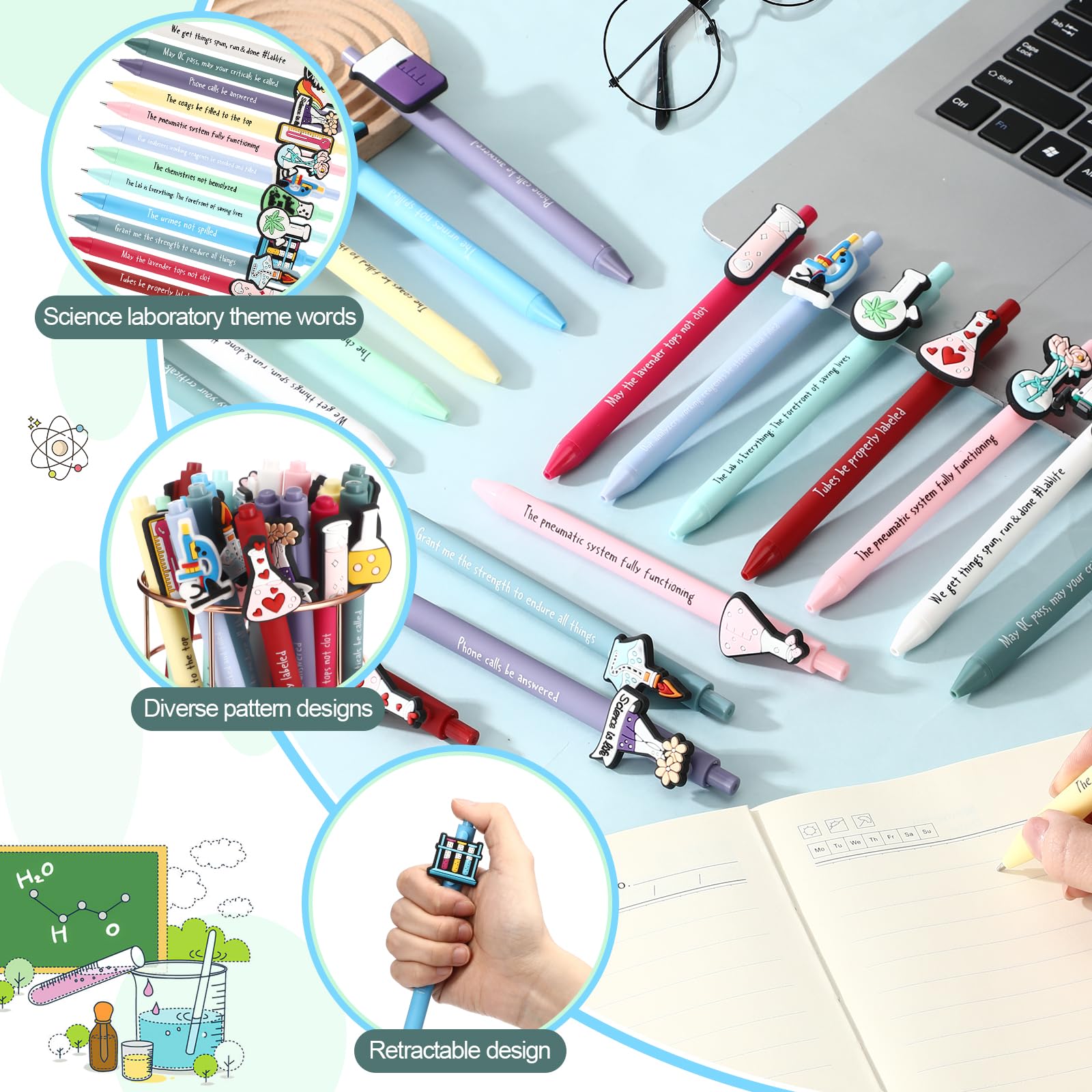 Sayglossy 72 bolígrafos retráctiles de tinta negra para fiestas de ciencia, cumpleaños, decoración de laboratorio de química, regalo de graduación, para estudiantes