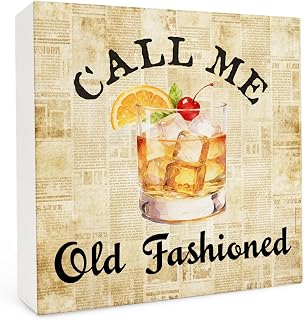 Vintage Old Fashioned Bar Wooden Box Sign 5x5 Inch, Gifts for Cocktail Lovers, Call Me Old Fashioned Cocktail Wood Box Signs for Bar Pub Home Kitchen Shelf Table Desk Decor