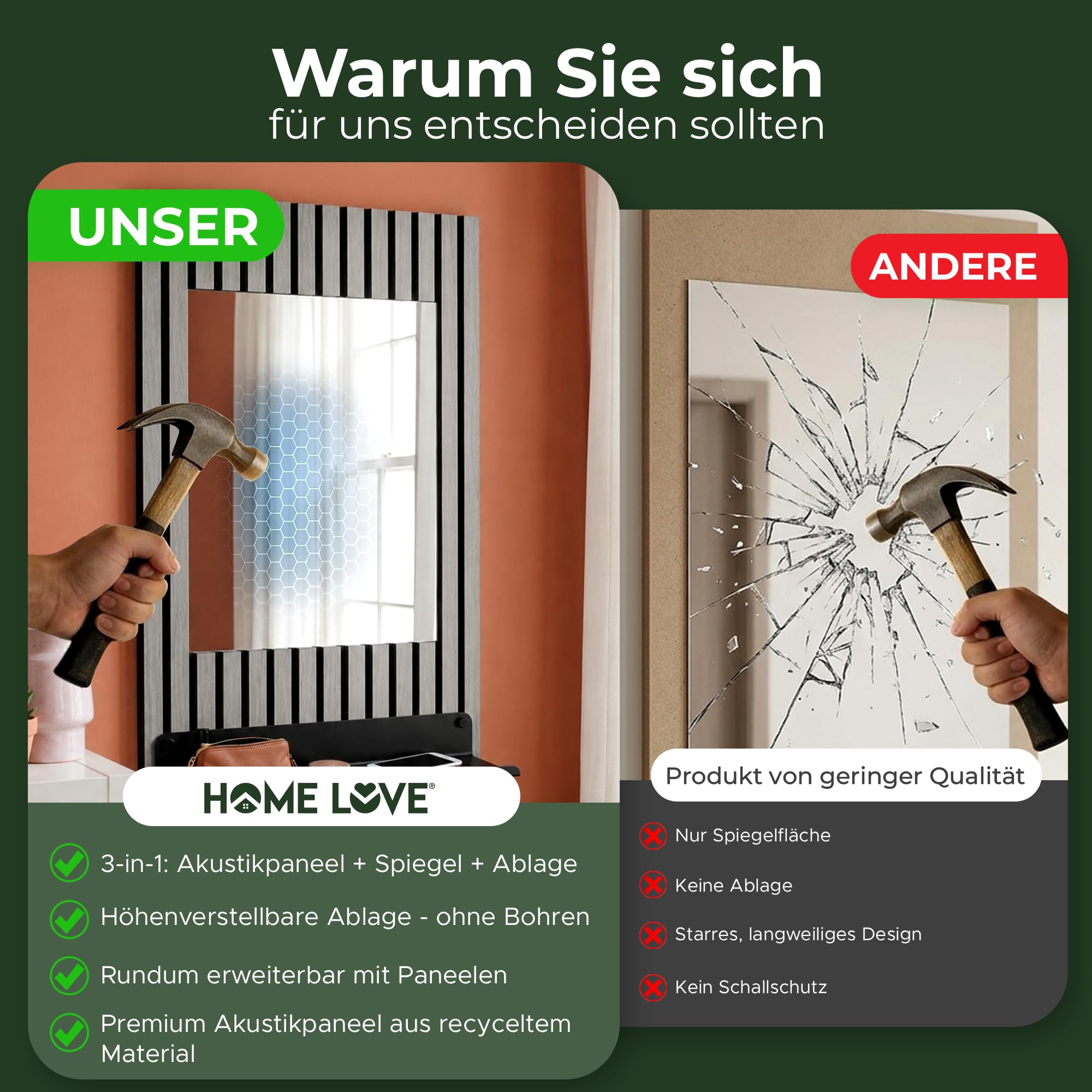 HOME LOVE Wandspiegel Flur mit Ablage 110×55 cm | Spiegel mit Regal für Schlüssel & Deko | Flurspiegel Wand mit höhenverstellbarer Ablage | Garderobenpaneel auch als Badspiegel