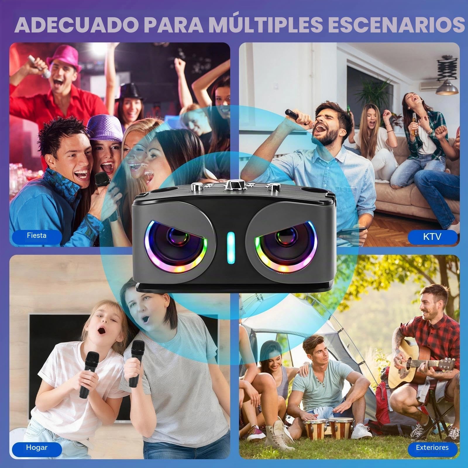 Máquina de Karaoke, con 2 Micrófonos Inalámbricos, Bluetooth 5.3 Sistema de Karaoke Portátil con Luces LED para Fiesta en Casa, al Aire Libre y Boda, Soporta TWS/TF Card/USB/AUX (Negro)