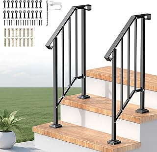 Outdoor Handrails for Steps, Stair Railing Kit for Concrete & Porch Steps, Adjustable Black Iron Hand Rail for Seniors, Easy Installation, Retro Arch Design (2 Pack-2 Steps)