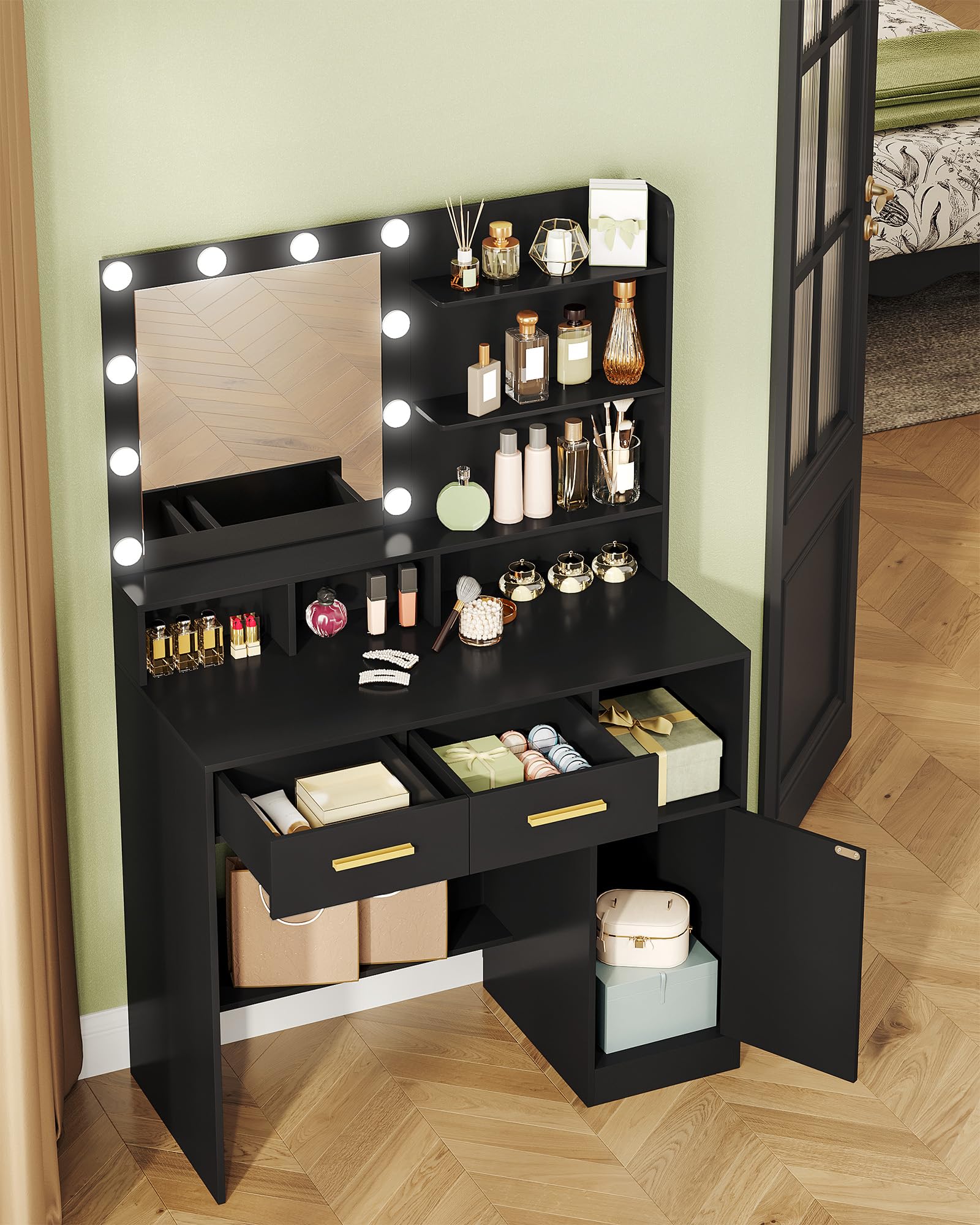 Hzuaneri Tocador, con Espejo y 10 LED Luz Regulable, Mesa de Maquillaje con 2 Cajón y 1 Armario, 3 Estantes y 4 Compartimentos Abiertos, Negro DT32506X