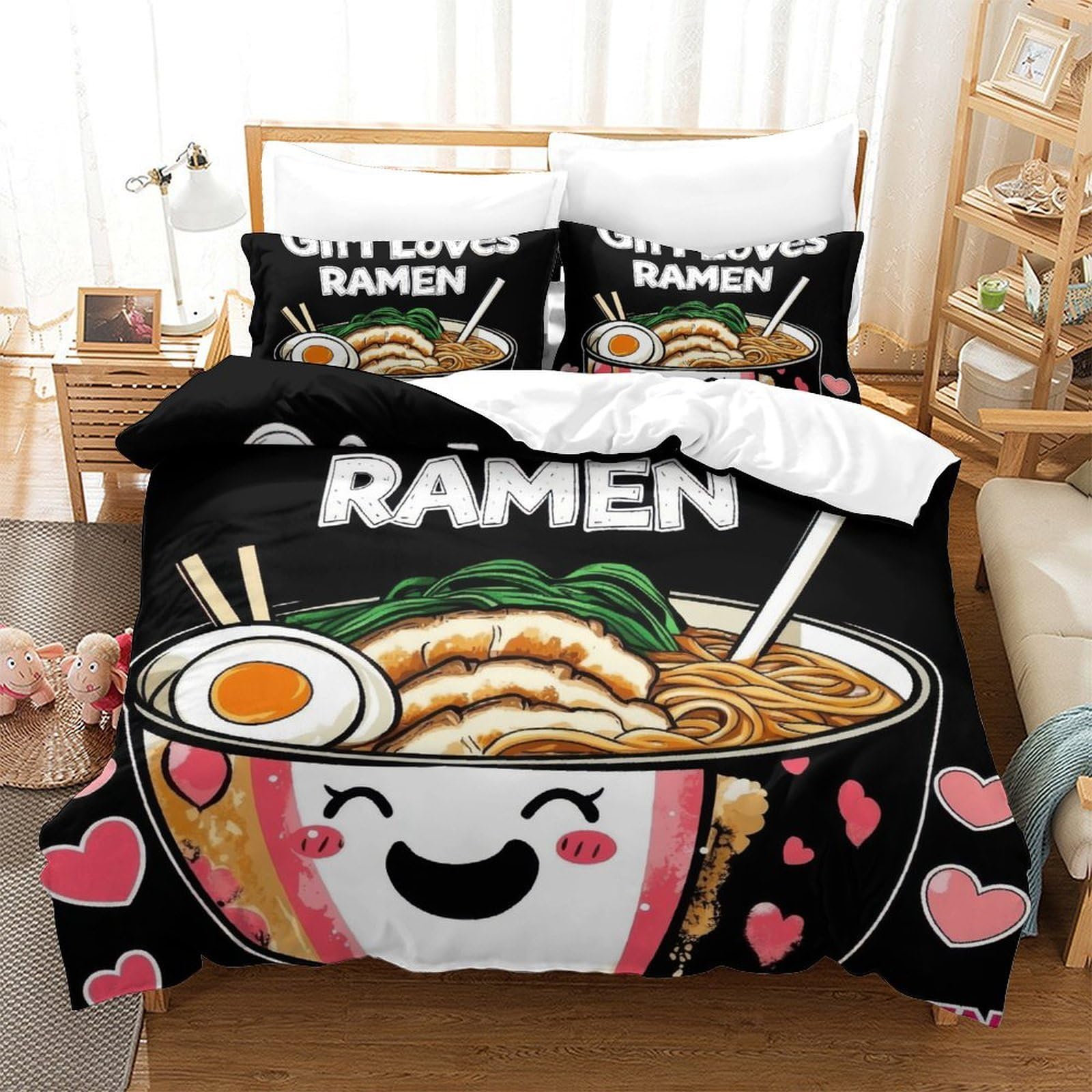 3D Druck Lustige Ramen Illustration Bettbezug Mikrofaser Schlafzimmerdeko Cartoon Nudeln Bettwäsche Set Hautfreundlich Atmungsaktiv für Erwachsene Jugendliche King（220x240cm）