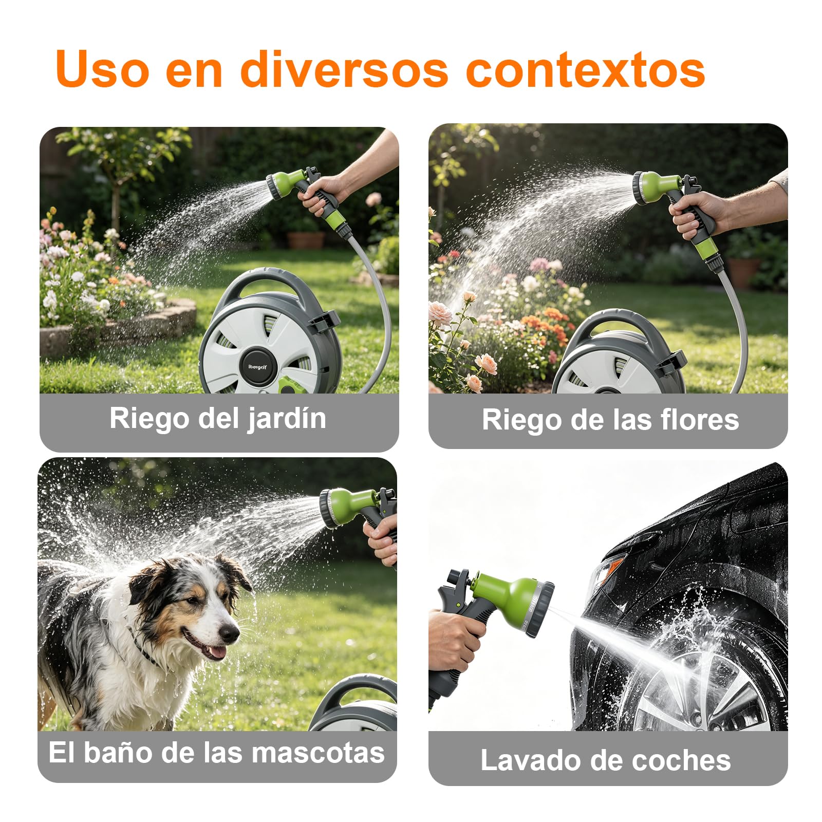 Ibegrif M22220, Enrollador de manguera de jardín, Portamangueras 10 m, Gris/Verde