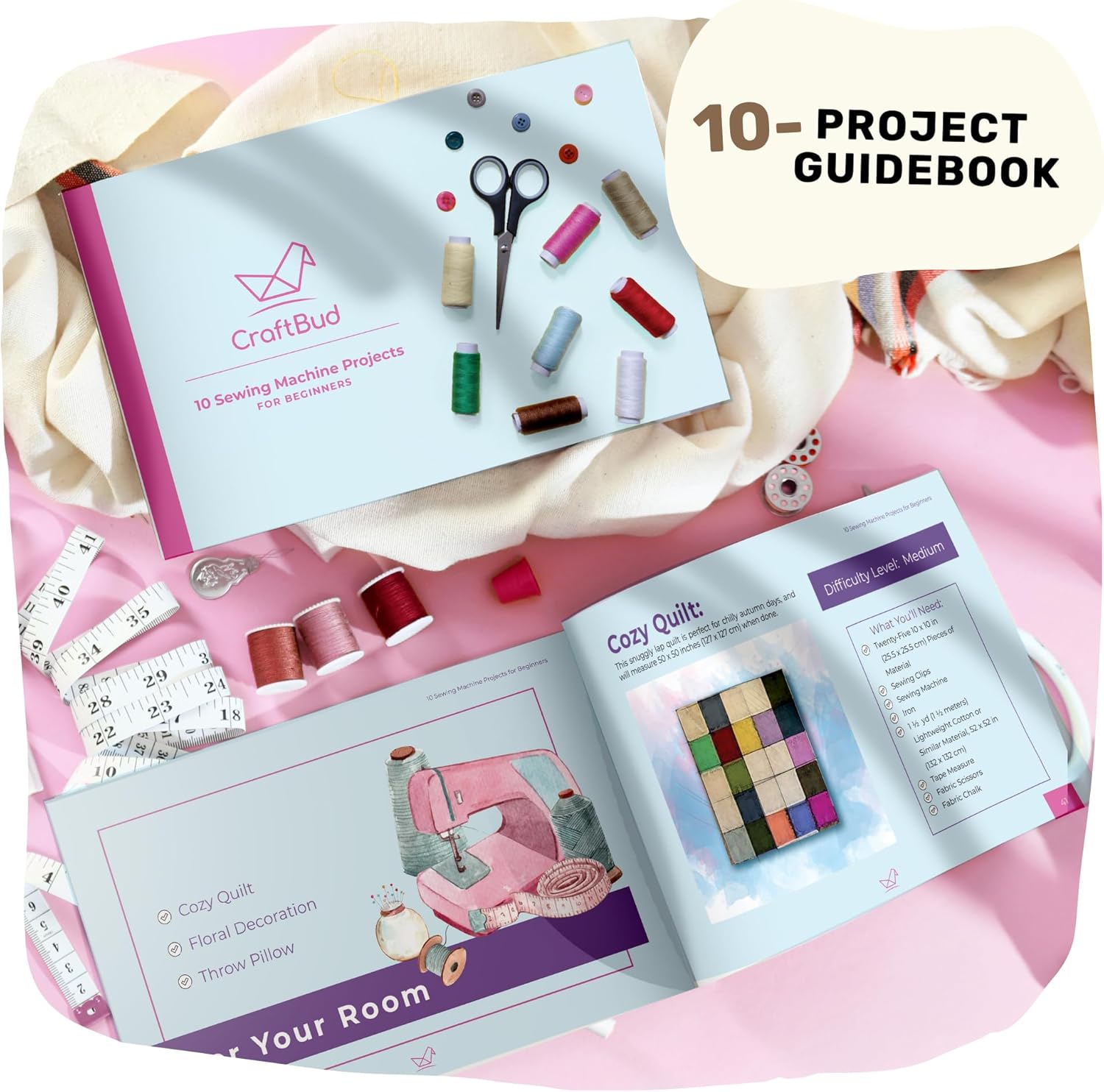 CraftBud Mini Sewing Machine for Beginners, Dual Speed Small Portable Sewing Machine for Kids and Adults with Extension Table, 122 Piece Gift Set Includes, Fabrics, Projects Book, Light and More, Blue - Image 6