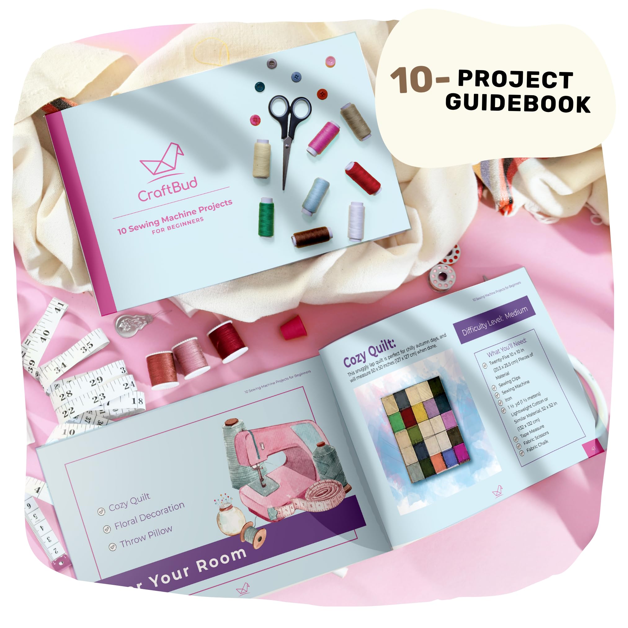 CraftBud Mini máquina de coser para principiantes, adultos y niños | Kit de costura de 48 piezas, portátil, doble velocidad, mesa de extensión, pedal de pie, luz integrada, guía y más, rosa
